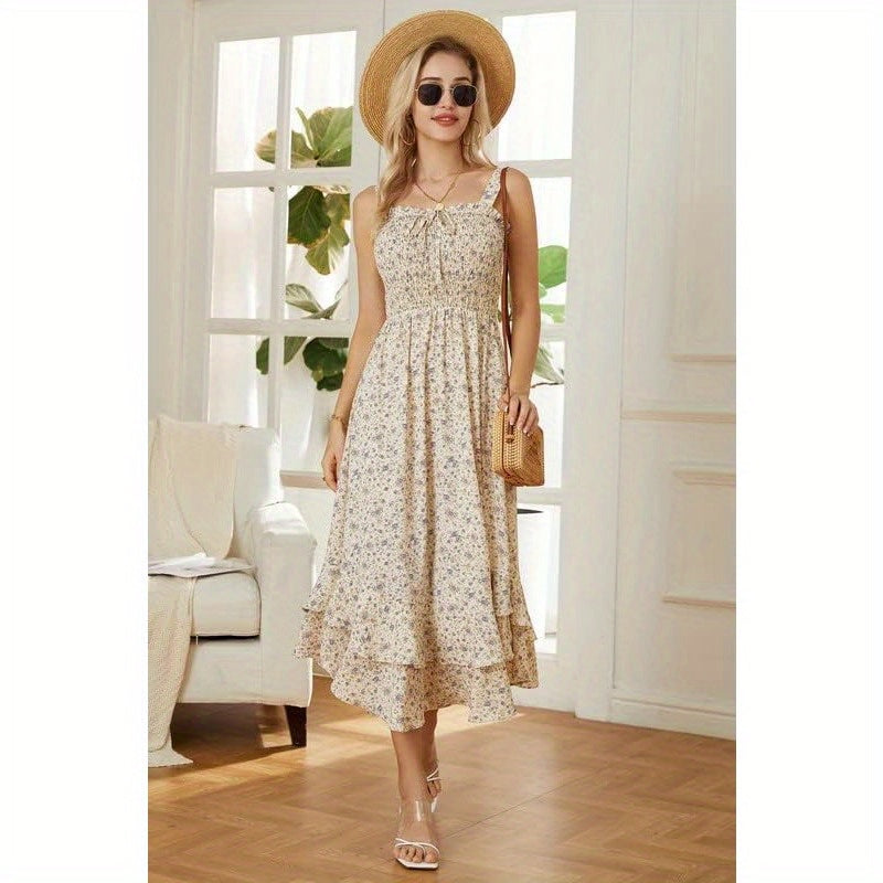 GRACE KARIN Women'S 2025 Summer Floral Boho Dress Square Neck Strapped Swing A Line Sundress Beach Long Maxi Outfits