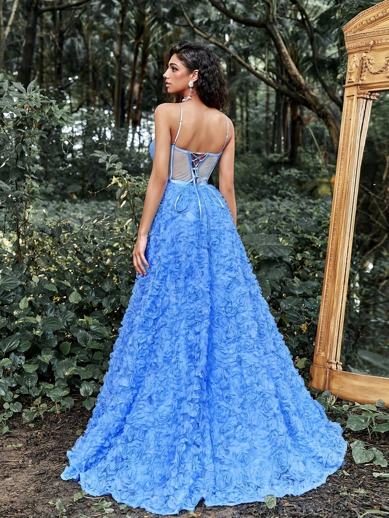 Elegant Blue Floral Maxi Dress with Spaghetti Straps and Lace Detailing - Sleeveless, V-Neck, Flowing Design for Women, Perfect for Weddings and Formal Events, Formal Event Dress | Sleeveless Gown | Lace Detailing, Floral Print Dress