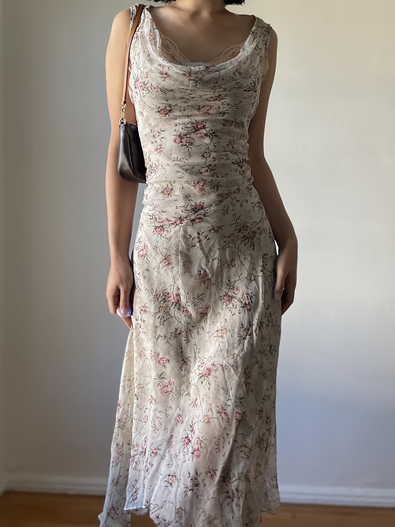 Rapcopter Women'S Floral Print Lace Midi Dress - Sleeveless A-Line Swing Dress with Ruffled Hem, Lightweight Polyester for Spring\u002FSummer Vacations, Casual Outings & Beach Days, Beach Dresses, Vacation Attire, Flowy Fabric