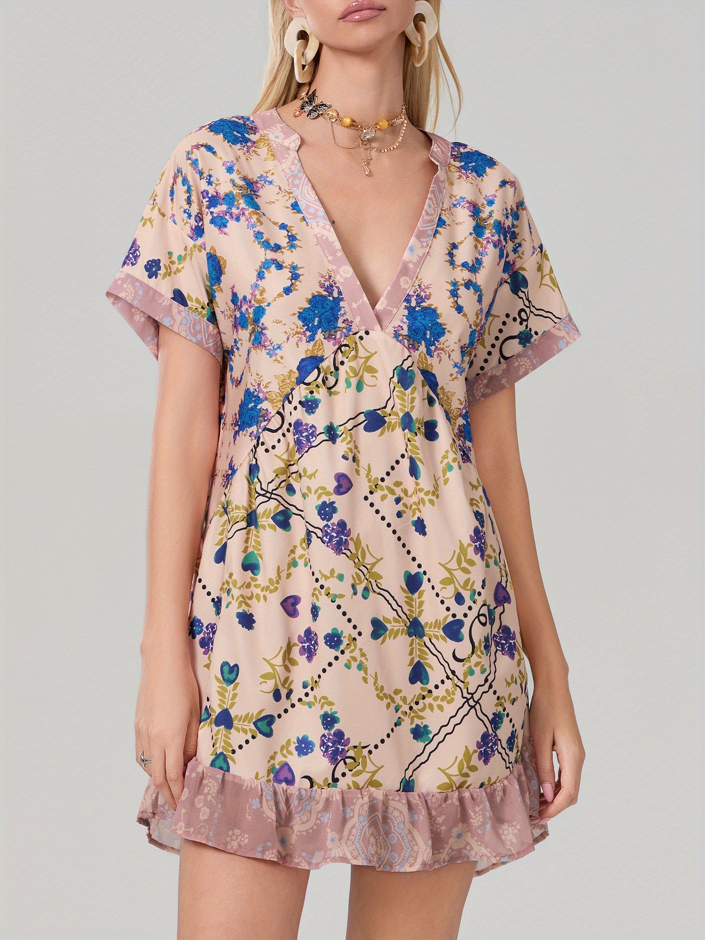 Women'S Bohemian Floral Print V-Neck Short Sleeve Dress with Pockets - Flowy A-Line Mini Dress in Red, Beige & Blue, Perfect for Summer & Casual Outings, Bohemian Dress