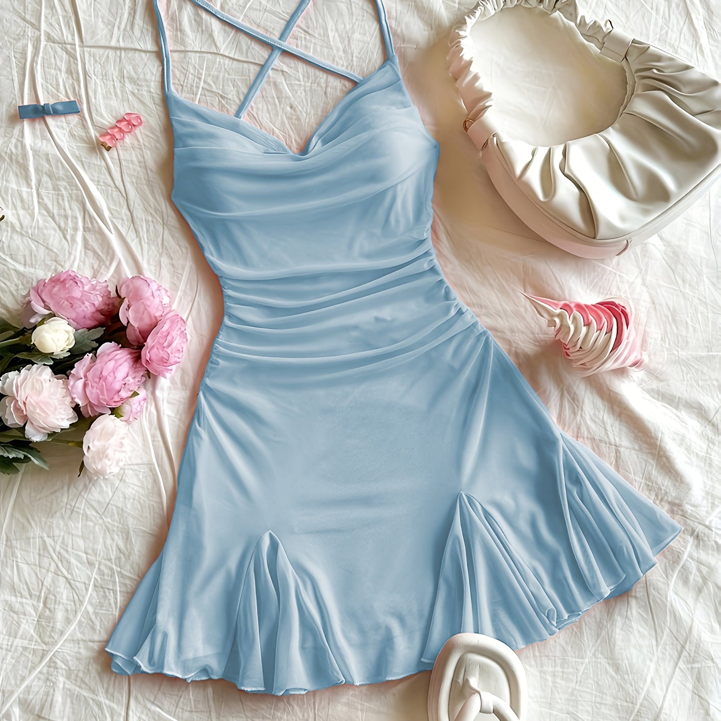 Women'S Pink Halter Neck Mini Dress with Ruched Detail - Sexy Backless Design, Sleeveless Bodycon Dress for Vacation or Casual Outings, Vacation Attire | Ruched Mini Dress | Sleeveless Fashion, Cute Dresses