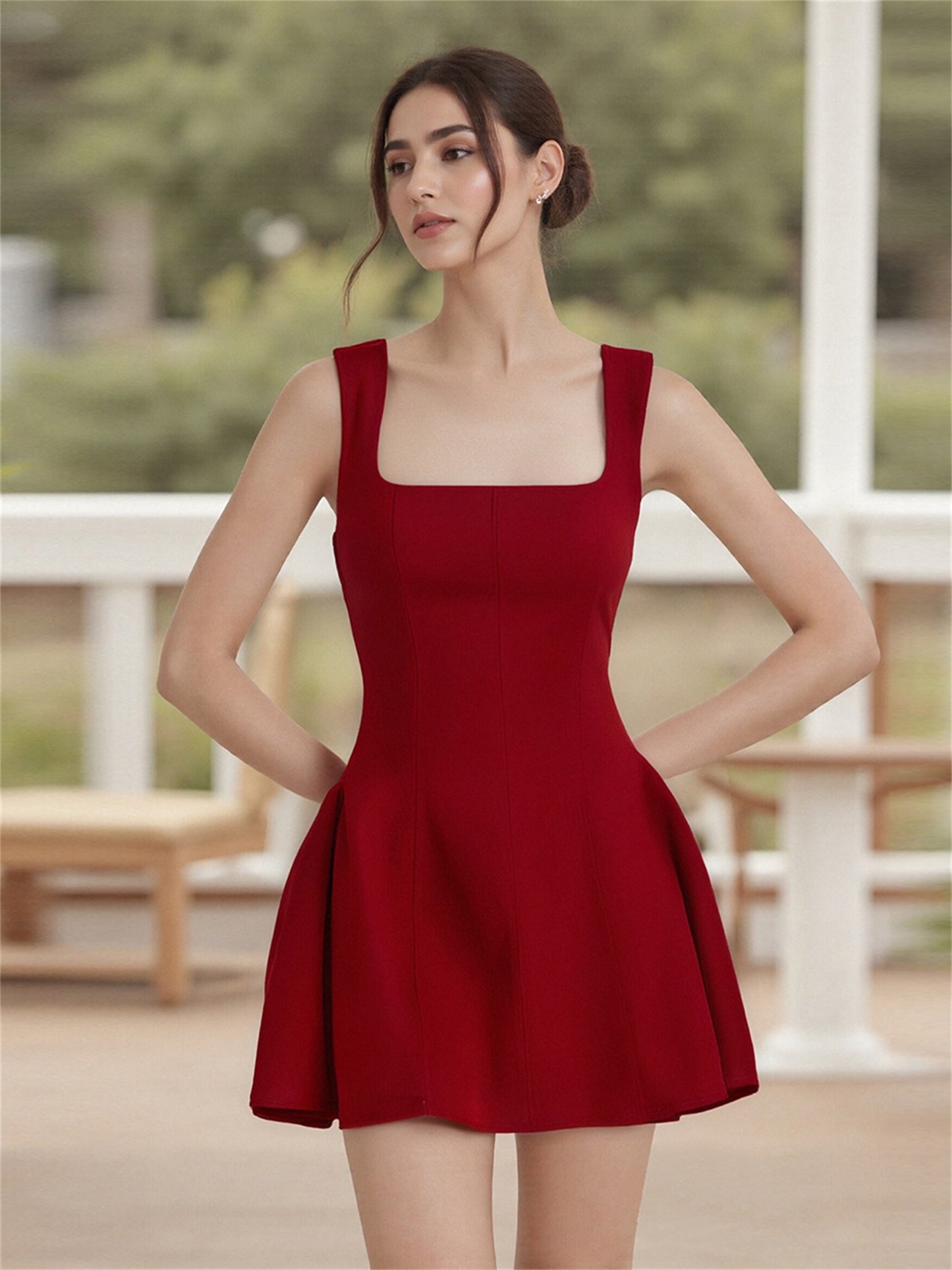 Women'S Sleeveless Mini A-Line Dress Square Neck Backless Zipper Back Ruffle Hem Elegant Solid Color Dress for Cocktail Party Wedding