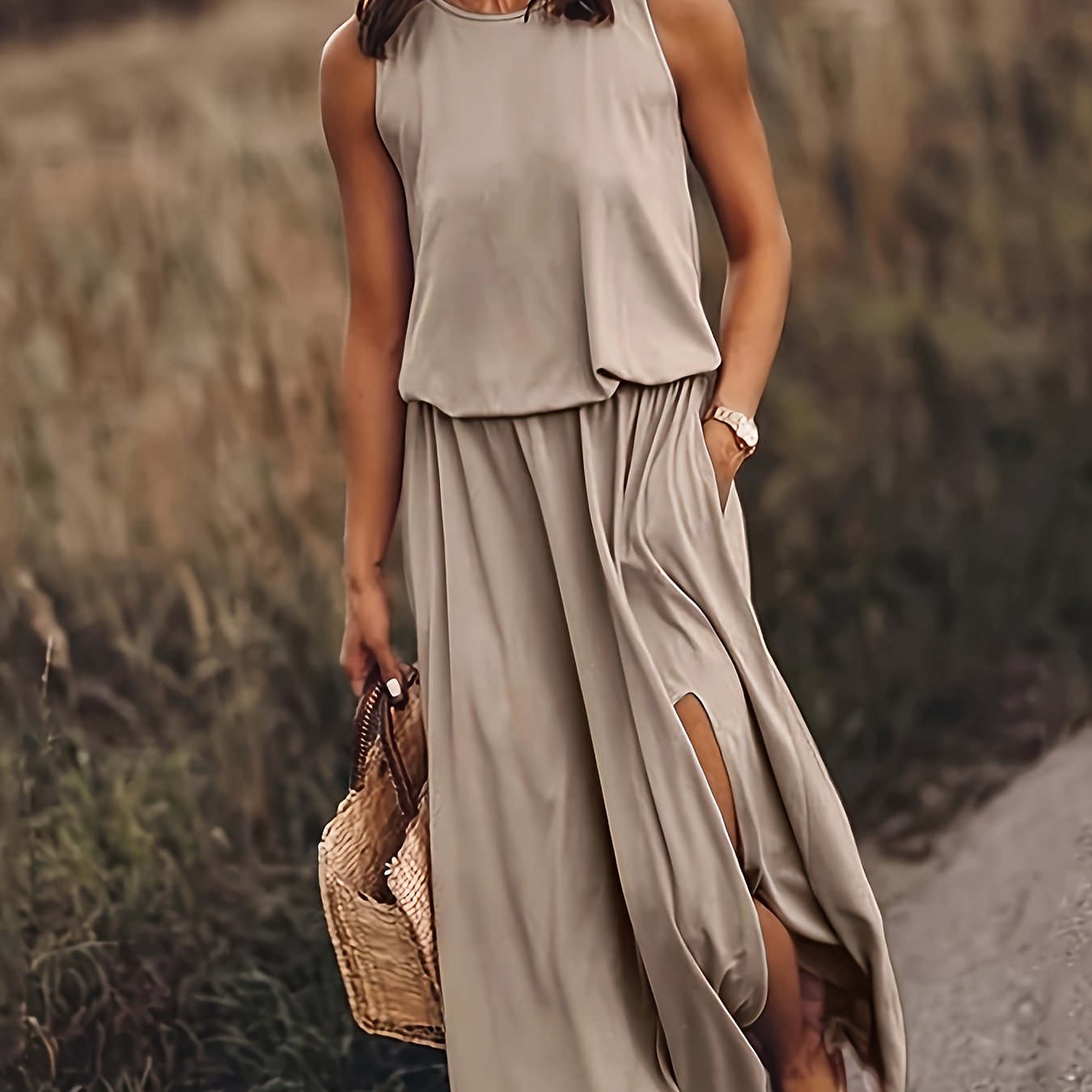 Women's Elegant Fitted Midi Dress - Soft Beige Round Neck, Machine Washable, All-Season Versatile for Casual & Formal Occasions