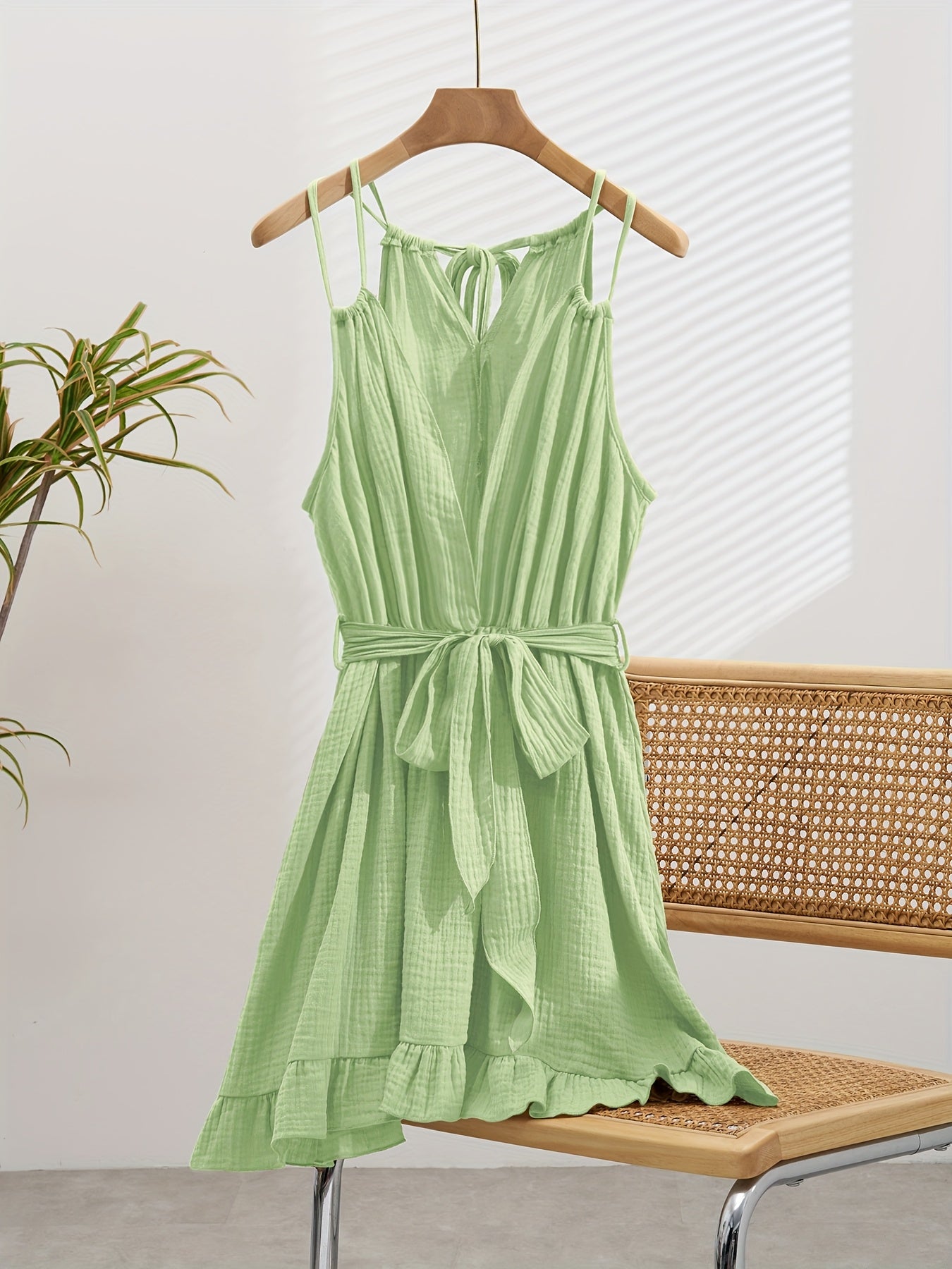 Women's Bohemian Style Solid Color Spaghetti Strap Casual Mini Dress
