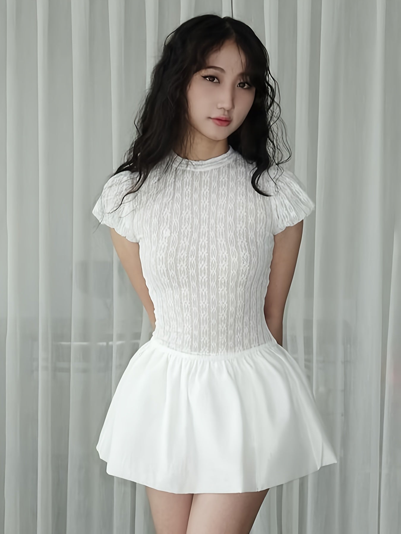 Women'S Summer Casual A-Line Mini Dress with Floral Lace Detail - Round Neck, Short Sleeve, Lightweight Polyester Blend, White with Black Floral Print, Perfect for Casual Attire, Floral Print Dress