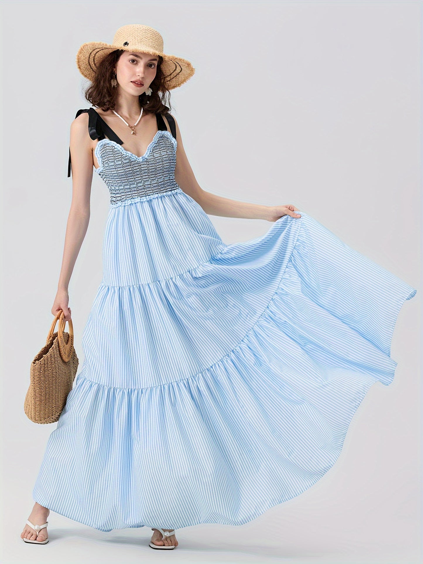 Women'S Sleeveless Ruffle Tiered Maxi Dress - Polyester and Spandex Blend with Striped Print, Spaghetti Strap, A-Line Skirt for Vacation, Spring\u002FSummer\u002FFall