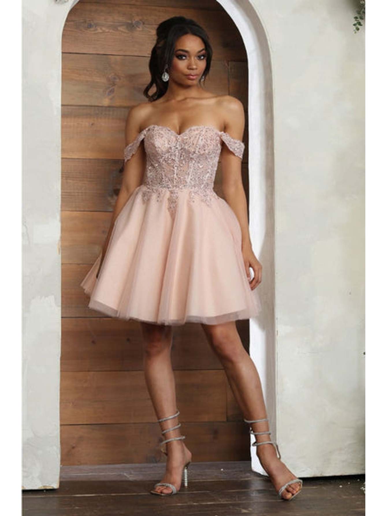 Off-Shoulder Short A-Line Glitter Tulle Cocktail Dress with Lace Corset Back