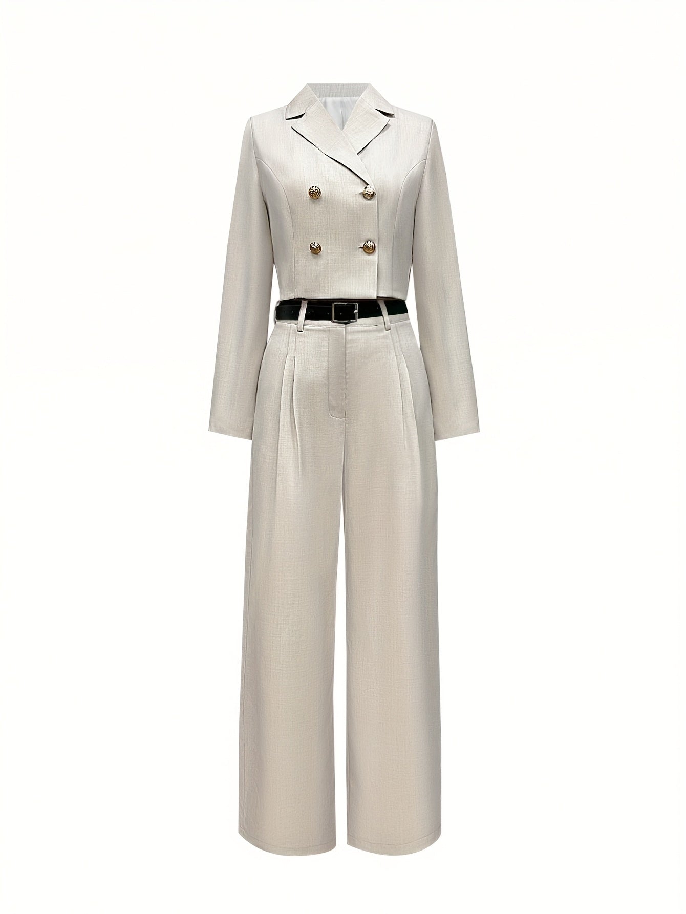 Elegant Two-Piece Long Sleeve Suit - Beige Polyester, Double-Breasted Blazer with Wide Lapels & High-Waisted Flared Pants, Stylish Accessory Bag, Perfect for Fall\u002FWinter, Stylish Workwear | Elegant Two-Tone Suit | Polyester Fabric