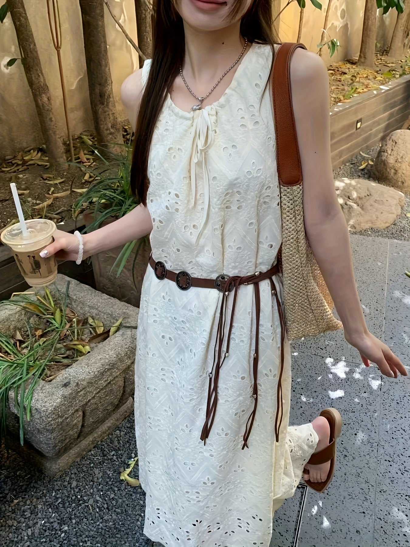 Korean Style Chic Lace Embroidered Tie-Back Midi Dress for Women - Sleeveless, Loose Fit, Summer Casual Wear with Bonus Belt, No Padding, Korean Fashion|Trendy Midi|Lace Detailing, Cute Dresses