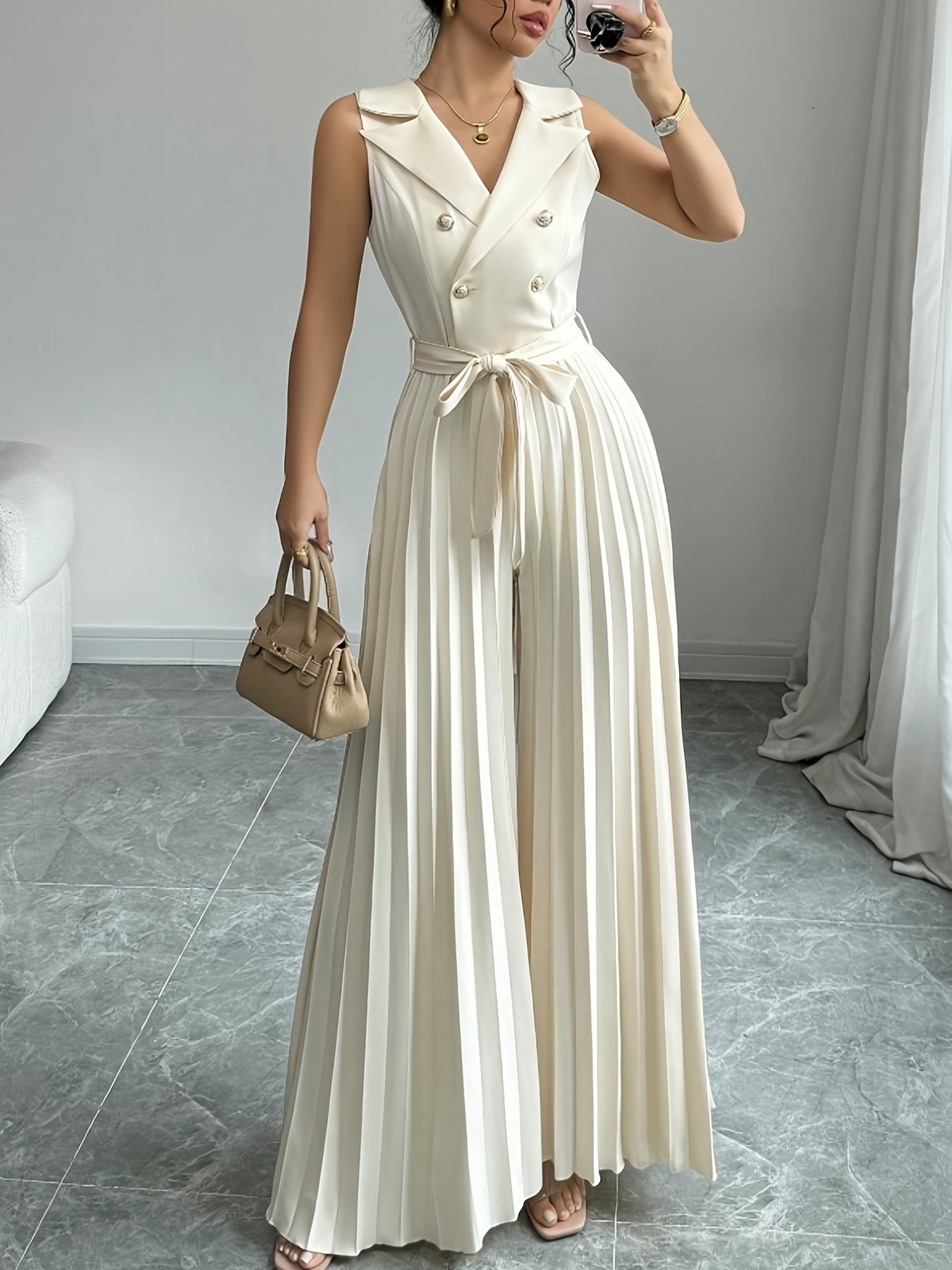 Women's Chic V-Neck Double-Breasted High-Rise Vest Jumpsuit - Beige Wide-Leg Pants, Formal & Casual Outfits - Machine Washable Non-Stretch Office to Party Jumpsuit, Ladies Rompers And Jumpsuits, Summer Outfit, Nontransparent Fabric