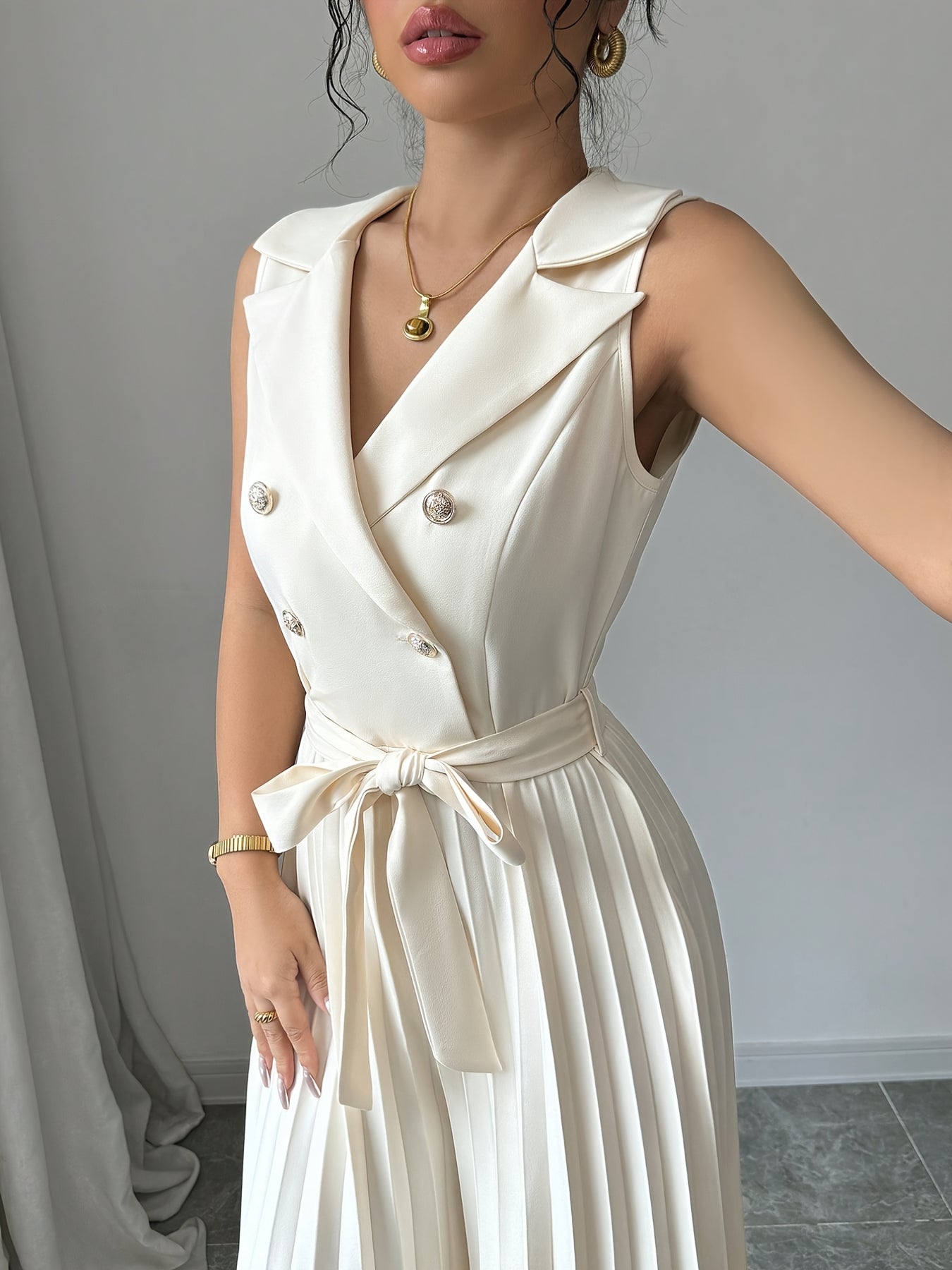 Women's Chic V-Neck Double-Breasted High-Rise Vest Jumpsuit - Beige Wide-Leg Pants, Formal & Casual Outfits - Machine Washable Non-Stretch Office to Party Jumpsuit, Ladies Rompers And Jumpsuits, Summer Outfit, Nontransparent Fabric