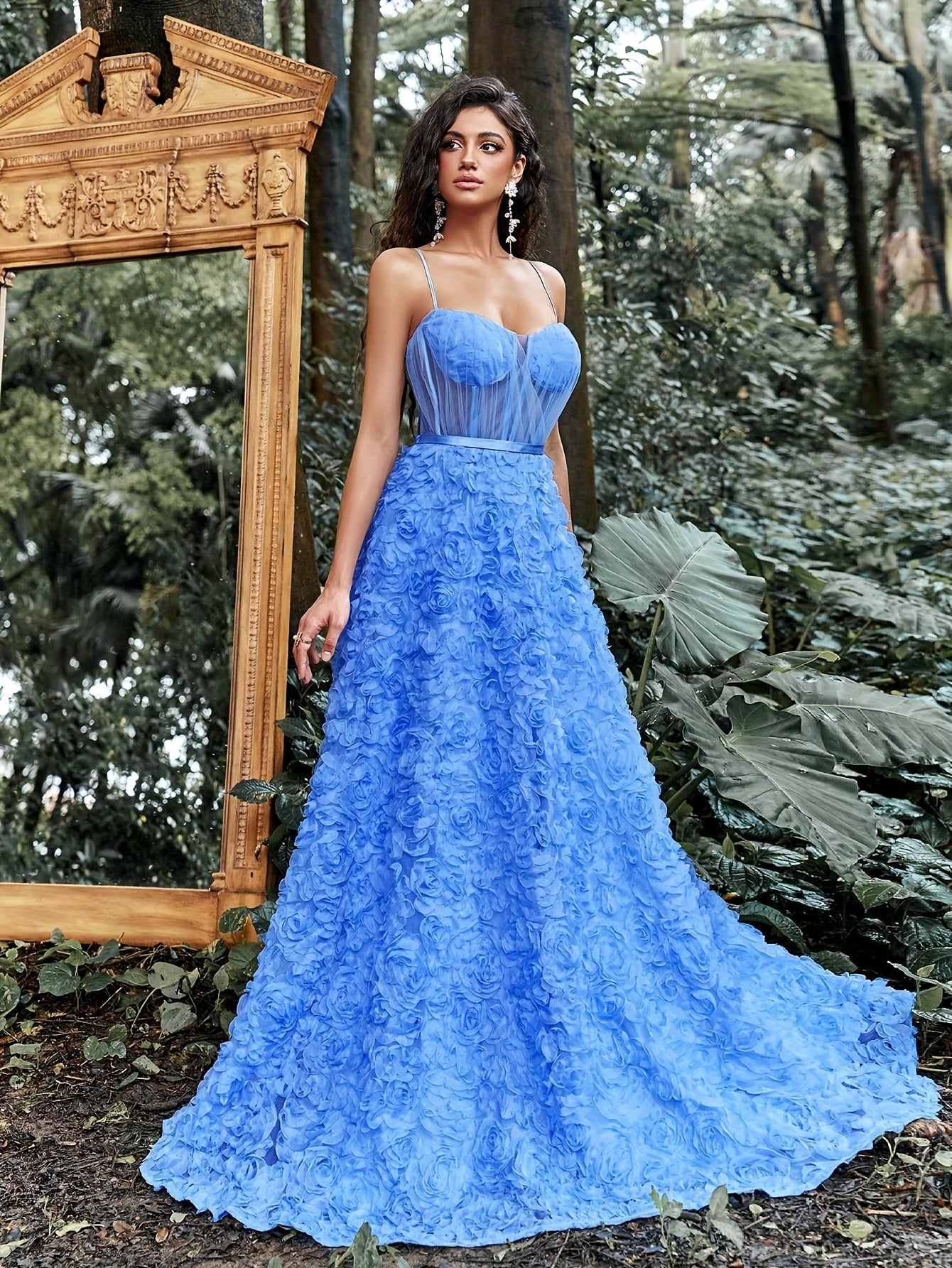 Elegant Blue Floral Maxi Dress with Spaghetti Straps and Lace Detailing - Sleeveless, V-Neck, Flowing Design for Women, Perfect for Weddings and Formal Events, Formal Event Dress | Sleeveless Gown | Lace Detailing, Floral Print Dress