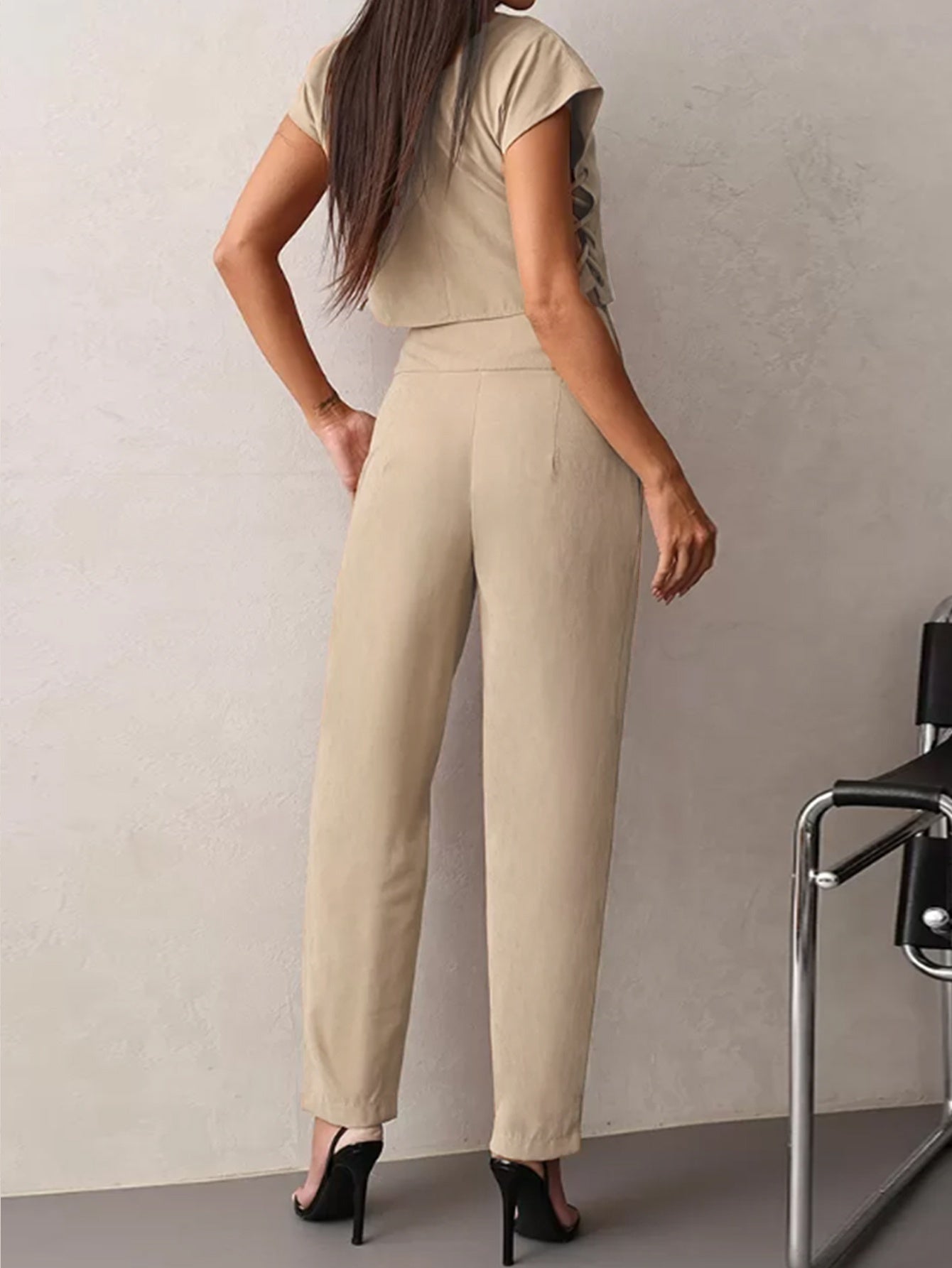 Women'S Elegant Beige Polyester Suit with Drawstring Detail - Short Sleeve, Button-Up Top & Wide-Leg Pants for Spring\u002FSummer, Casual Attire|Elegant Suit|Polyester Fabric