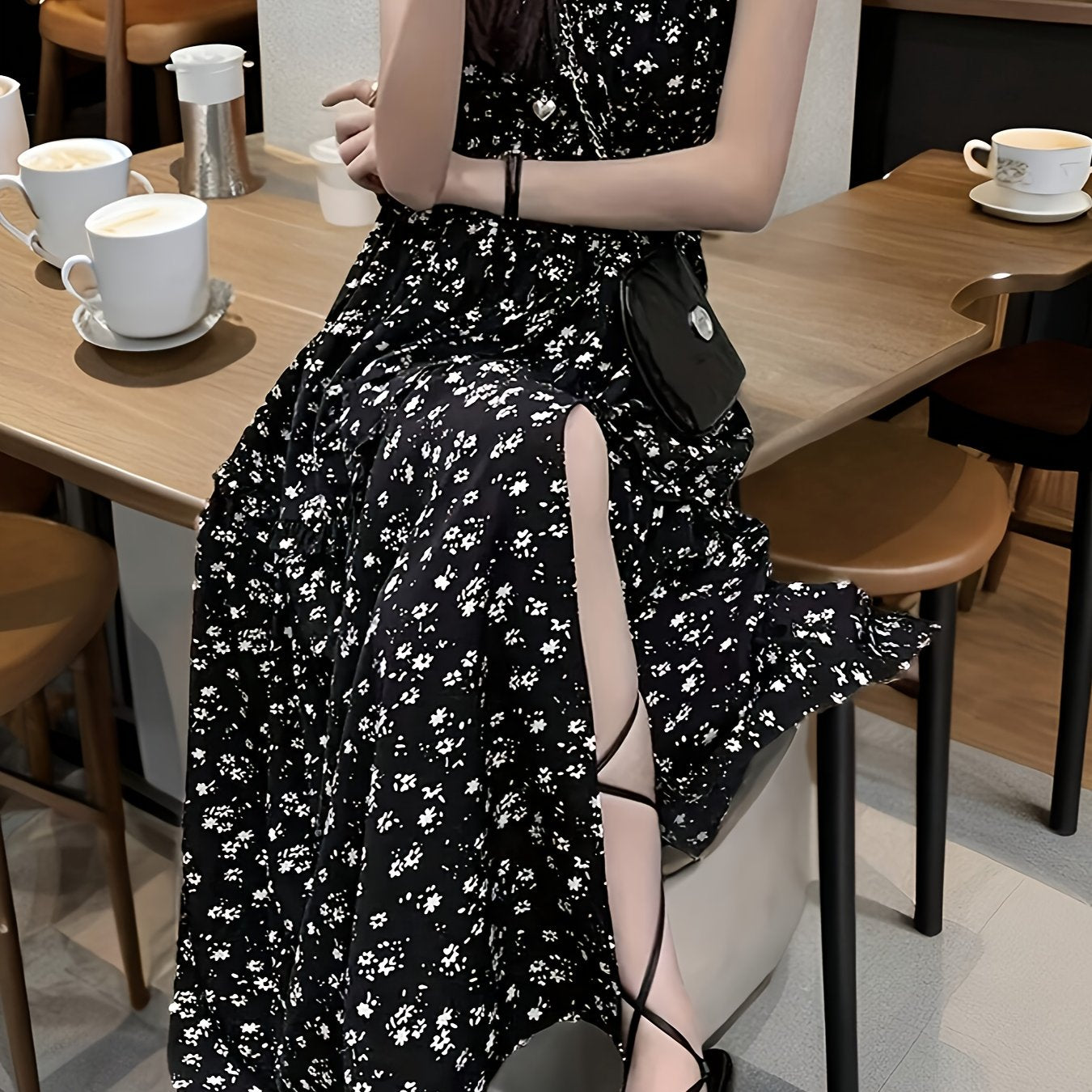 Chic Floral Print Maxi Dress with High Slit - Elegant Sleeveless, Black Floral Pattern, Perfect for Spring\u002FSummer\u002FFall, Vacation & Stylish Outfits, Vacation Dress|Floral Print Dress|Sleeveless Desig
