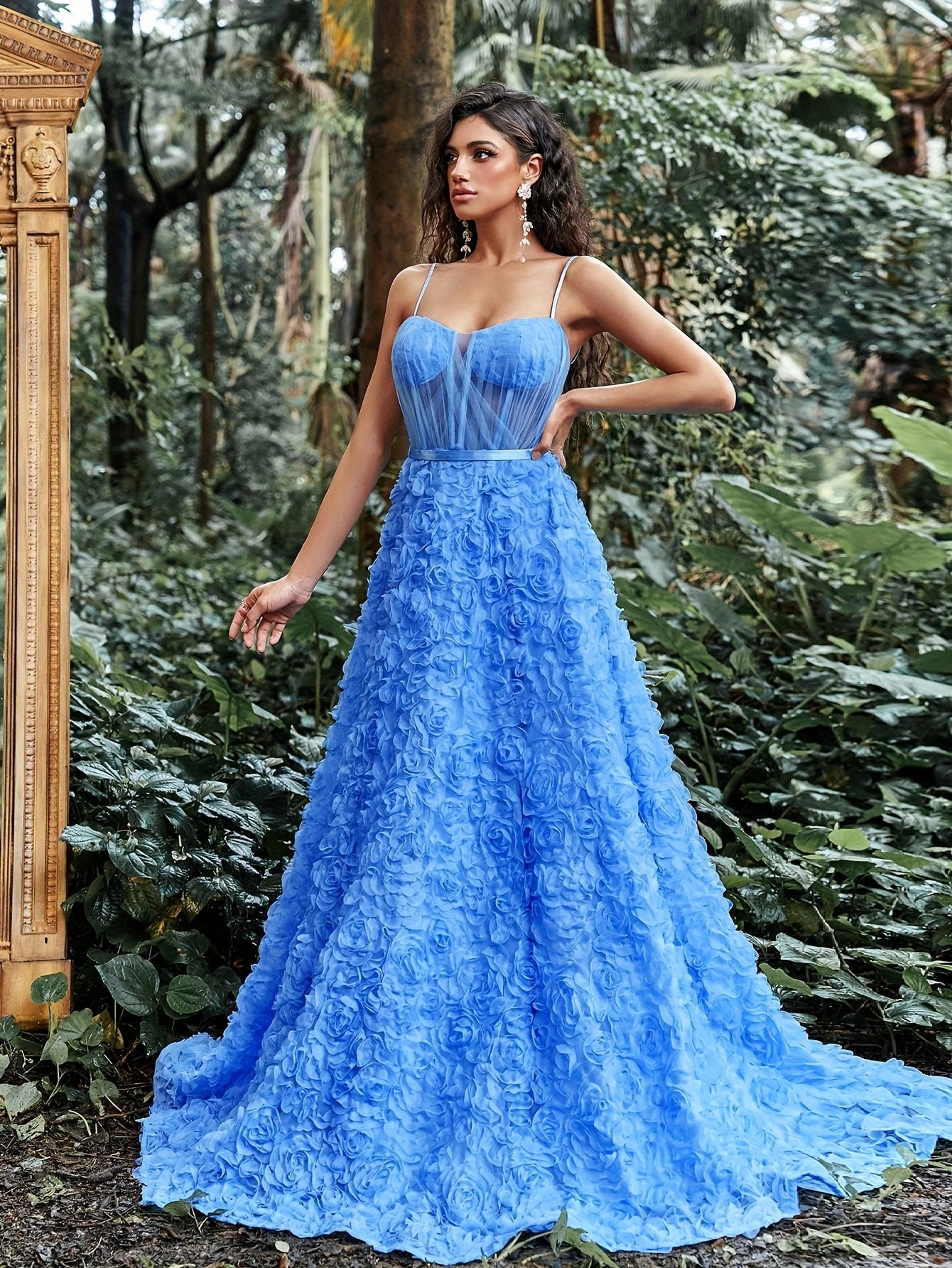 Elegant Blue Floral Maxi Dress with Spaghetti Straps and Lace Detailing - Sleeveless, V-Neck, Flowing Design for Women, Perfect for Weddings and Formal Events, Formal Event Dress | Sleeveless Gown | Lace Detailing, Floral Print Dress