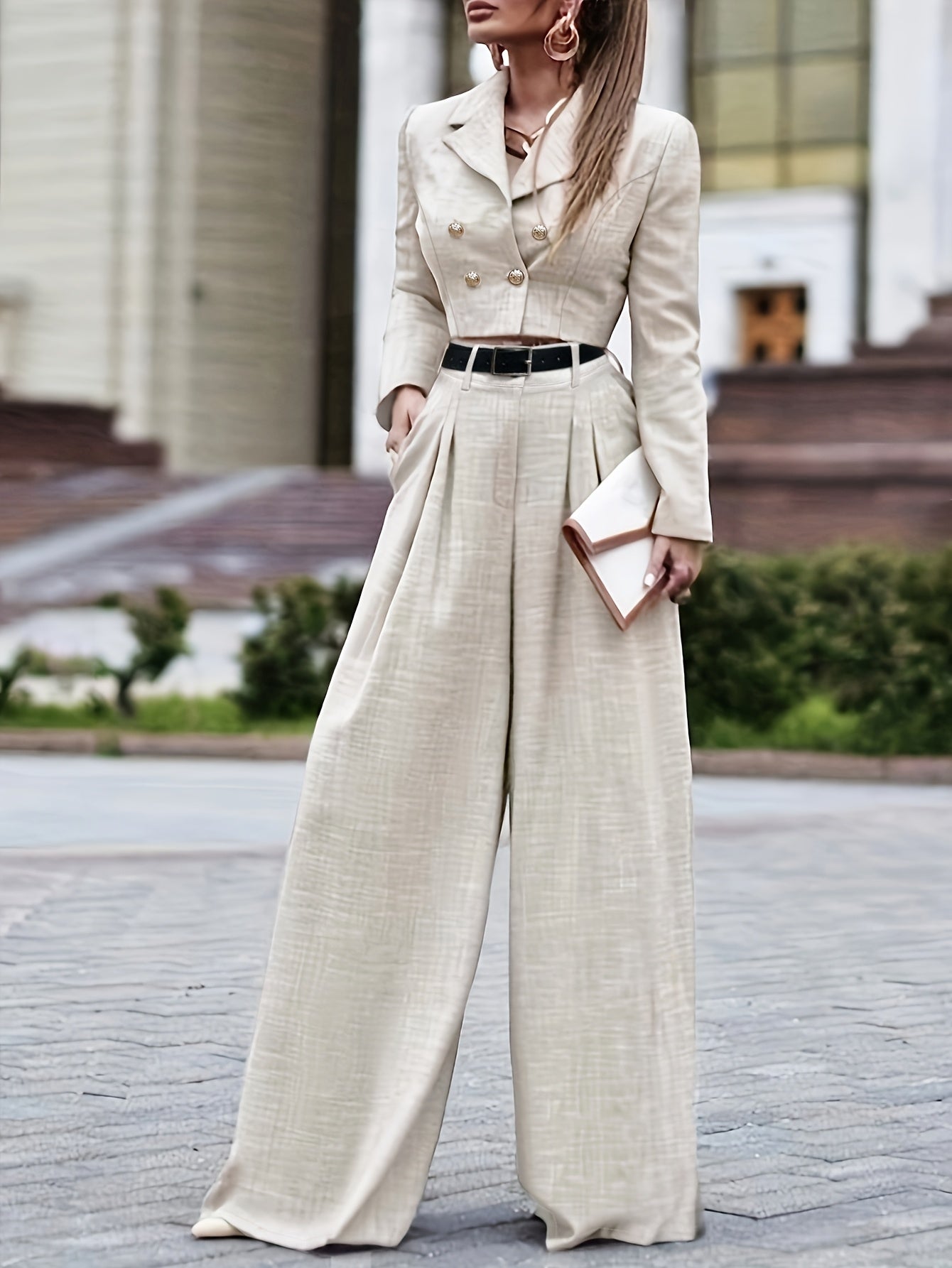 Elegant Two-Piece Long Sleeve Suit - Beige Polyester, Double-Breasted Blazer with Wide Lapels & High-Waisted Flared Pants, Stylish Accessory Bag, Perfect for Fall\u002FWinter, Stylish Workwear | Elegant Two-Tone Suit | Polyester Fabric