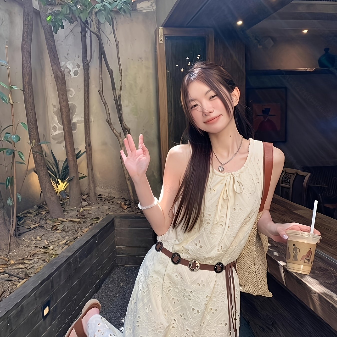 Korean Style Chic Lace Embroidered Tie-Back Midi Dress for Women - Sleeveless, Loose Fit, Summer Casual Wear with Bonus Belt, No Padding, Korean Fashion|Trendy Midi|Lace Detailing, Cute Dresses