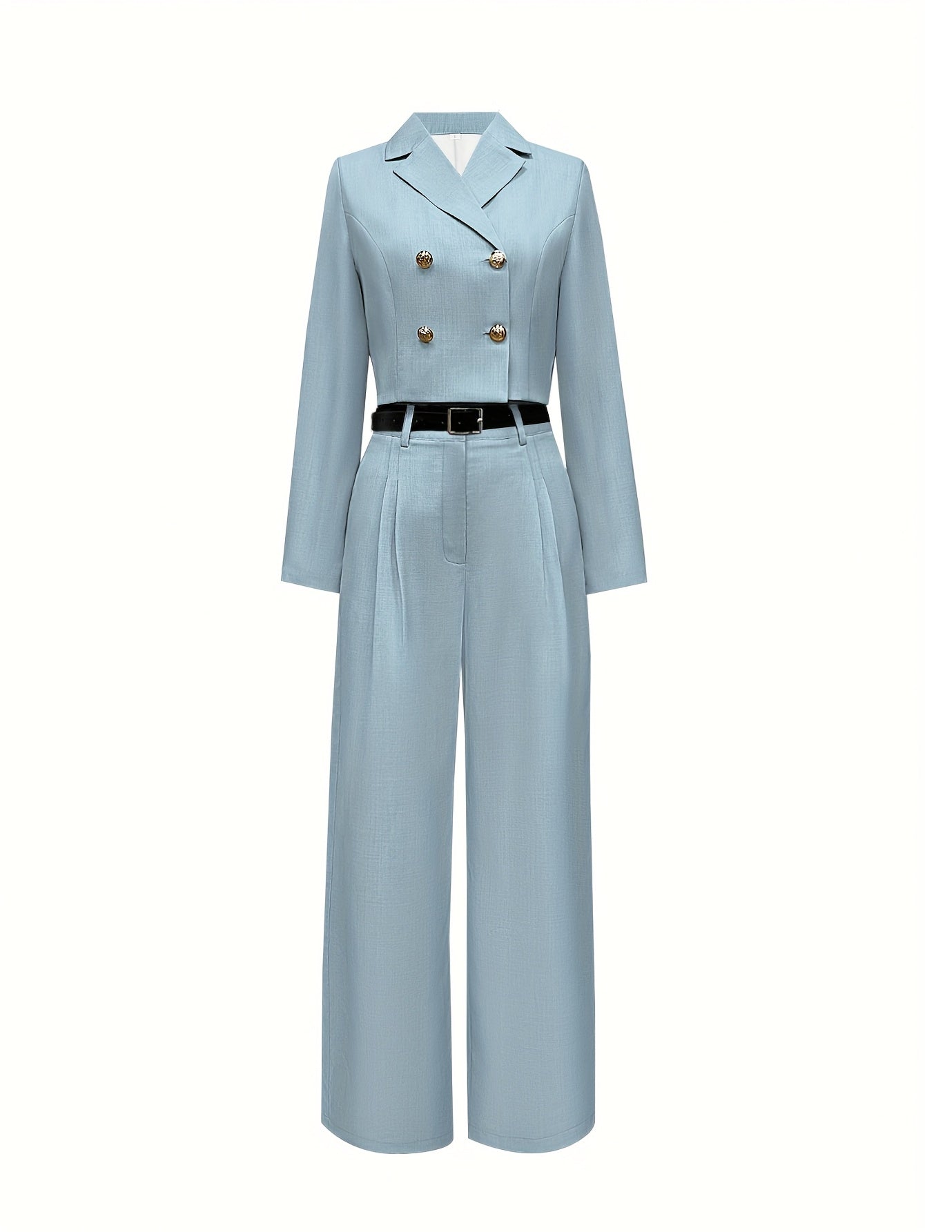 Elegant Two-Piece Long Sleeve Suit - Beige Polyester, Double-Breasted Blazer with Wide Lapels & High-Waisted Flared Pants, Stylish Accessory Bag, Perfect for Fall\u002FWinter, Stylish Workwear | Elegant Two-Tone Suit | Polyester Fabric