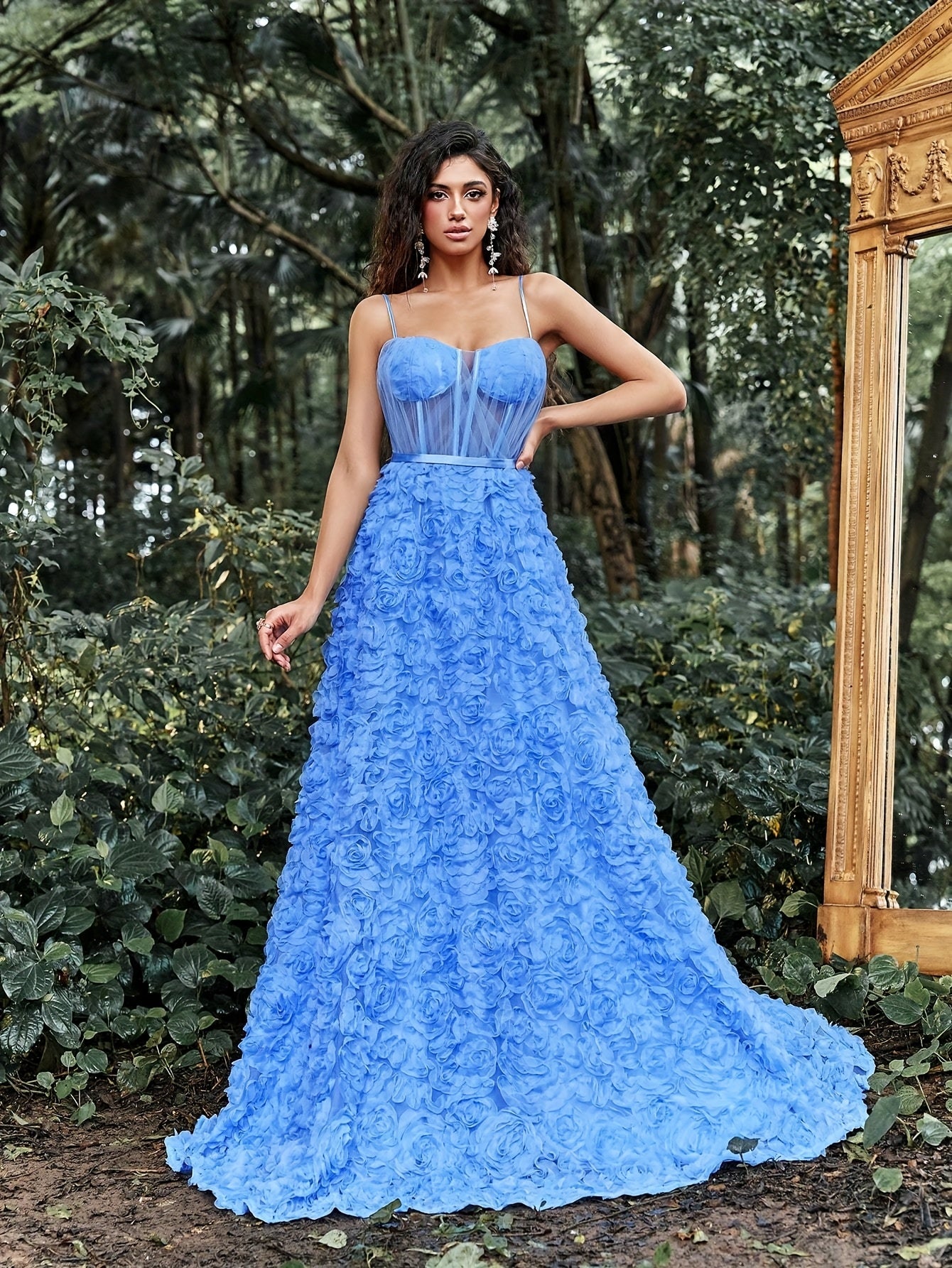 Elegant Blue Floral Maxi Dress with Spaghetti Straps and Lace Detailing - Sleeveless, V-Neck, Flowing Design for Women, Perfect for Weddings and Formal Events, Formal Event Dress | Sleeveless Gown | Lace Detailing, Floral Print Dress