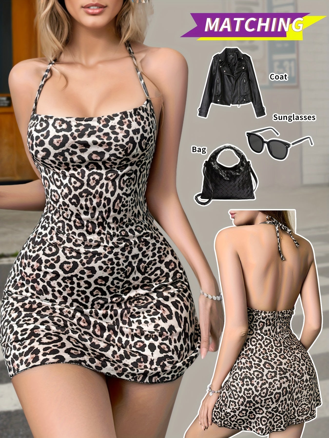 Leopard Print Lace-up Backless Halter Dress, Suitable For Various Gatherings Sexy Mini Dress, Women'S Clothing