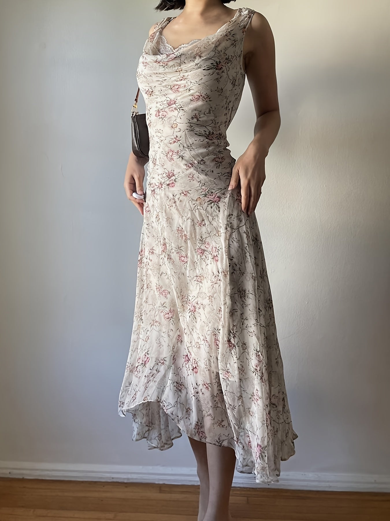Rapcopter Women'S Floral Print Lace Midi Dress - Sleeveless A-Line Swing Dress with Ruffled Hem, Lightweight Polyester for Spring\u002FSummer Vacations, Casual Outings & Beach Days, Beach Dresses, Vacation Attire, Flowy Fabric