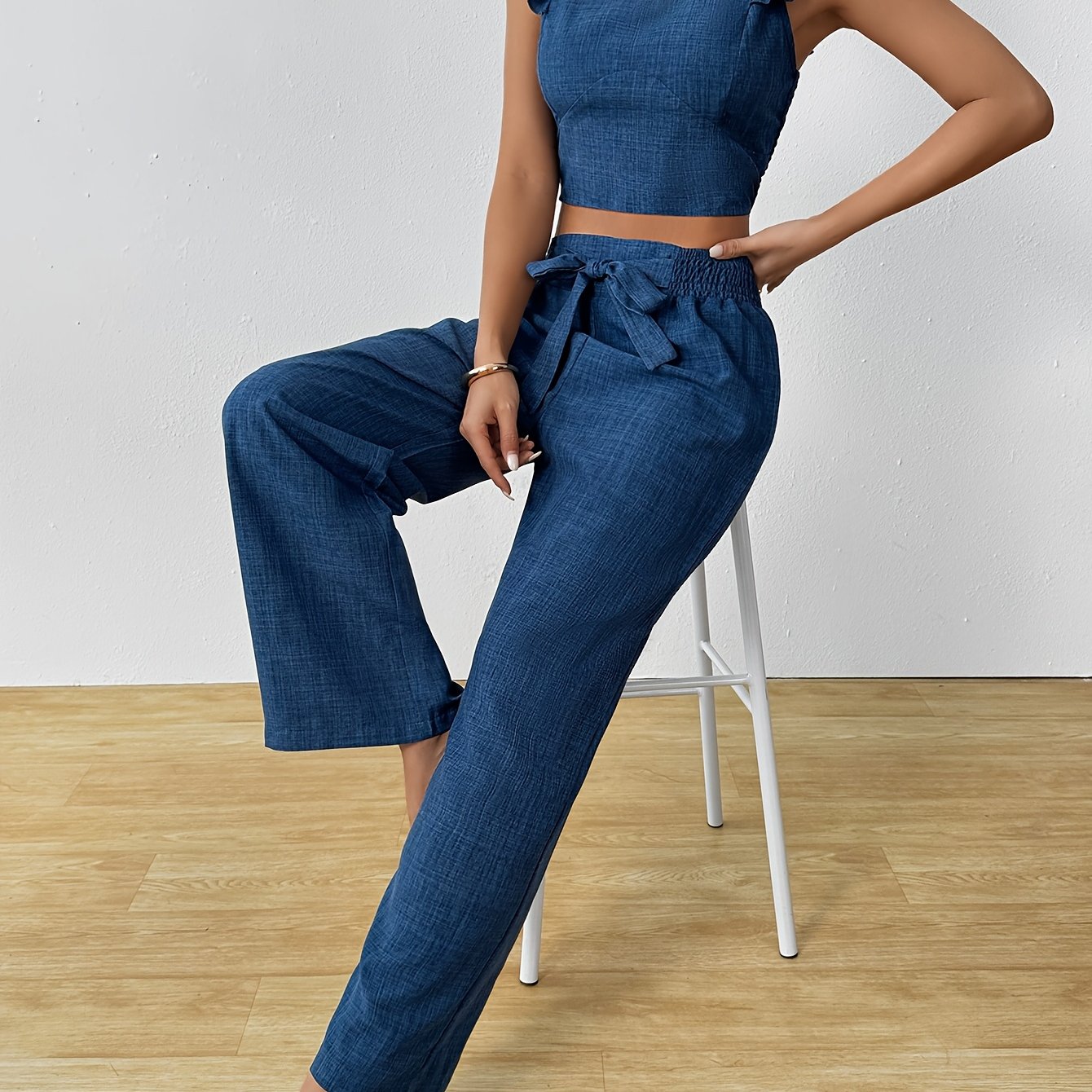 Fashionable High-Waisted Solid Color Tank Top And Wide-Leg Pants Set