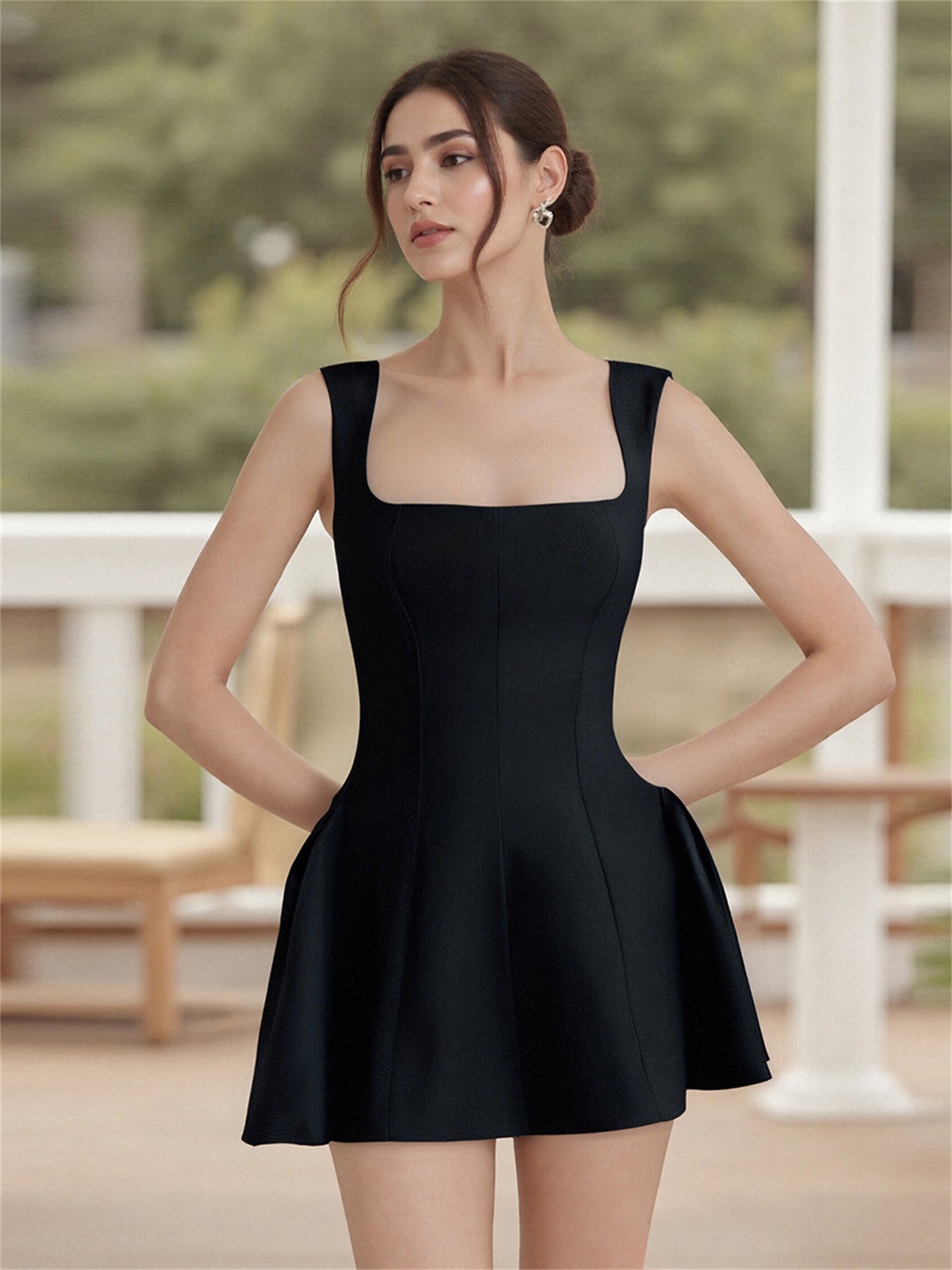 Women'S Sleeveless Mini A-Line Dress Square Neck Backless Zipper Back Ruffle Hem Elegant Solid Color Dress for Cocktail Party Wedding