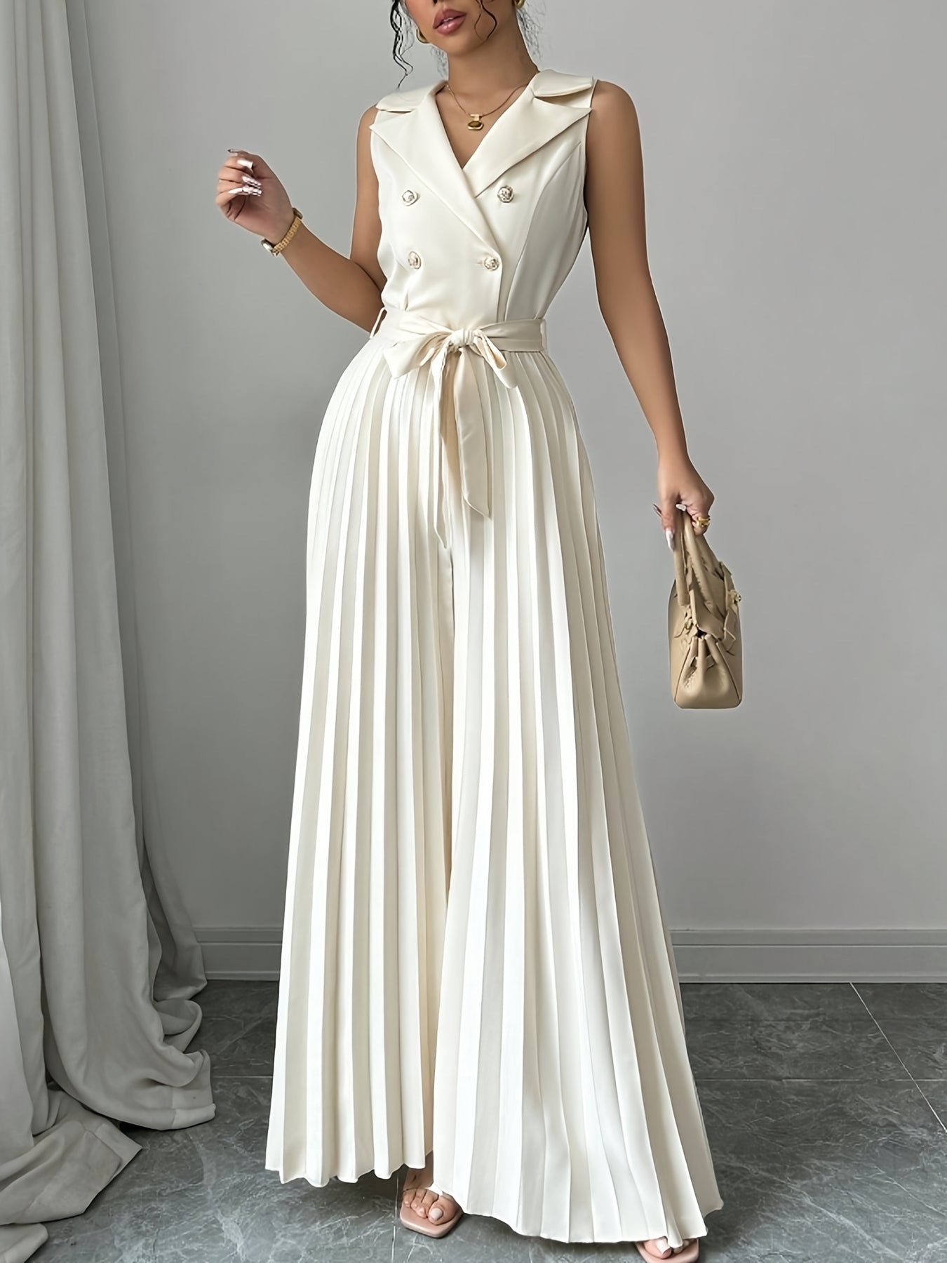 Women's Chic V-Neck Double-Breasted High-Rise Vest Jumpsuit - Beige Wide-Leg Pants, Formal & Casual Outfits - Machine Washable Non-Stretch Office to Party Jumpsuit, Ladies Rompers And Jumpsuits, Summer Outfit, Nontransparent Fabric