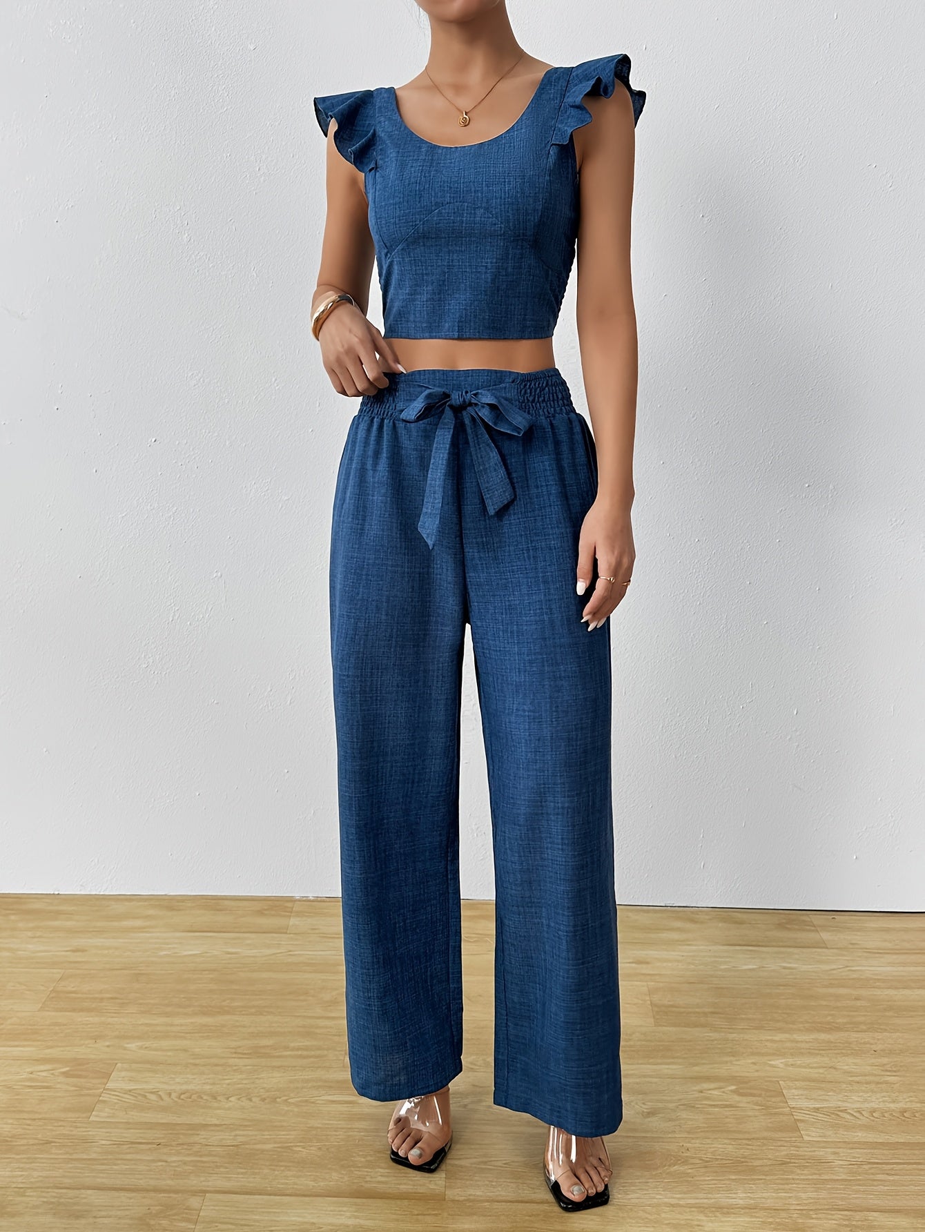 Fashionable High-Waisted Solid Color Tank Top And Wide-Leg Pants Set