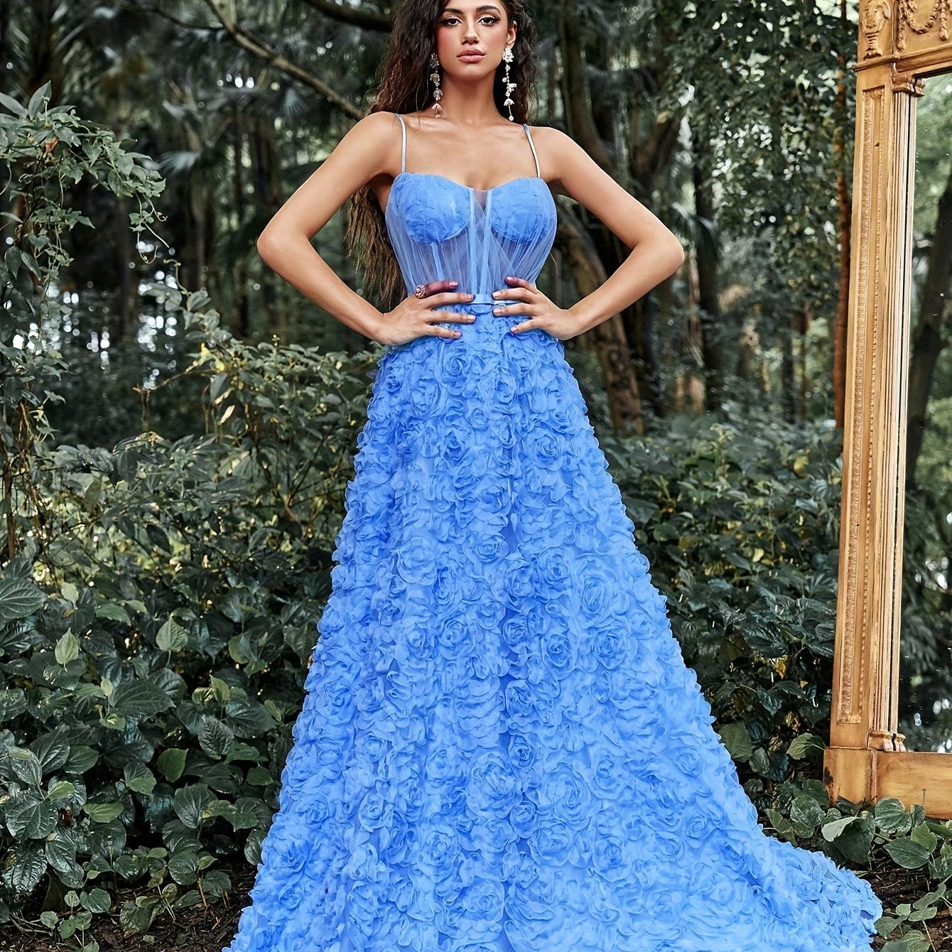 Elegant Blue Floral Maxi Dress with Spaghetti Straps and Lace Detailing - Sleeveless, V-Neck, Flowing Design for Women, Perfect for Weddings and Formal Events, Formal Event Dress | Sleeveless Gown | Lace Detailing, Floral Print Dress