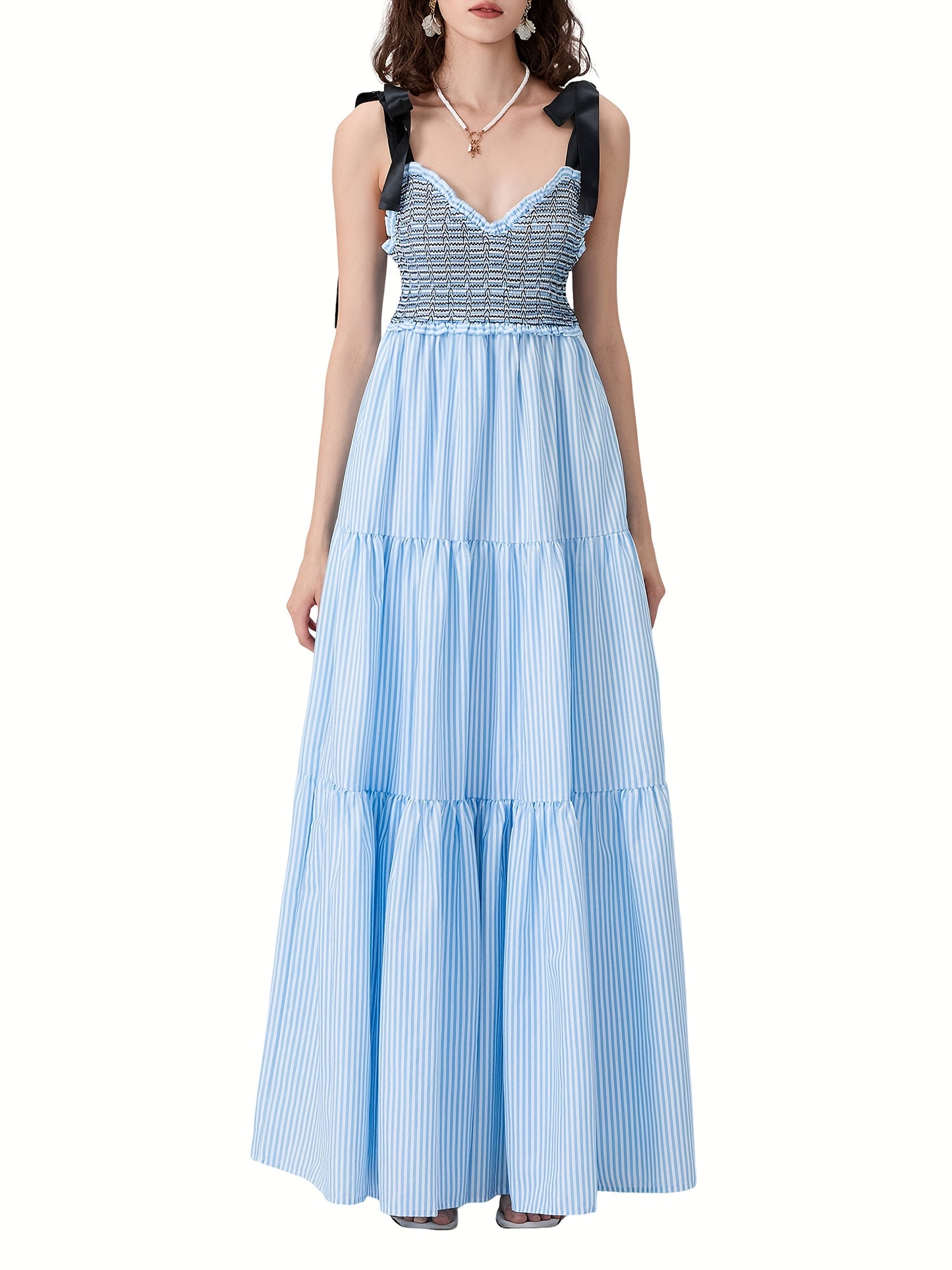 Women'S Sleeveless Ruffle Tiered Maxi Dress - Polyester and Spandex Blend with Striped Print, Spaghetti Strap, A-Line Skirt for Vacation, Spring\u002FSummer\u002FFall