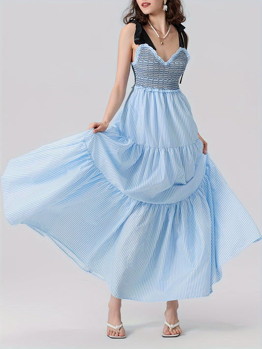Women'S Sleeveless Ruffle Tiered Maxi Dress - Polyester and Spandex Blend with Striped Print, Spaghetti Strap, A-Line Skirt for Vacation, Spring\u002FSummer\u002FFall
