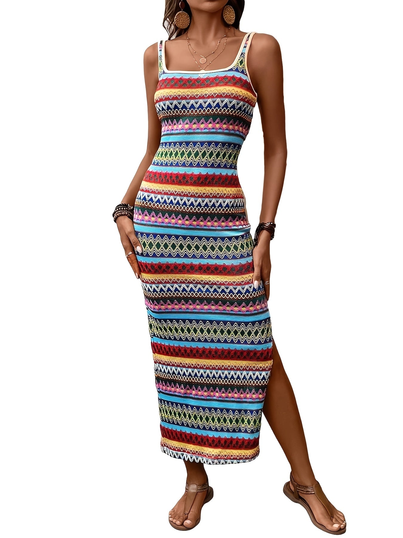 Women'S Sleeveless Fitted Jersey Dress, 95% Polyester 5% Elastane, Crew Neck, All-Season Knit Fabric, Vacation Style Printed Midi Dress for Adult