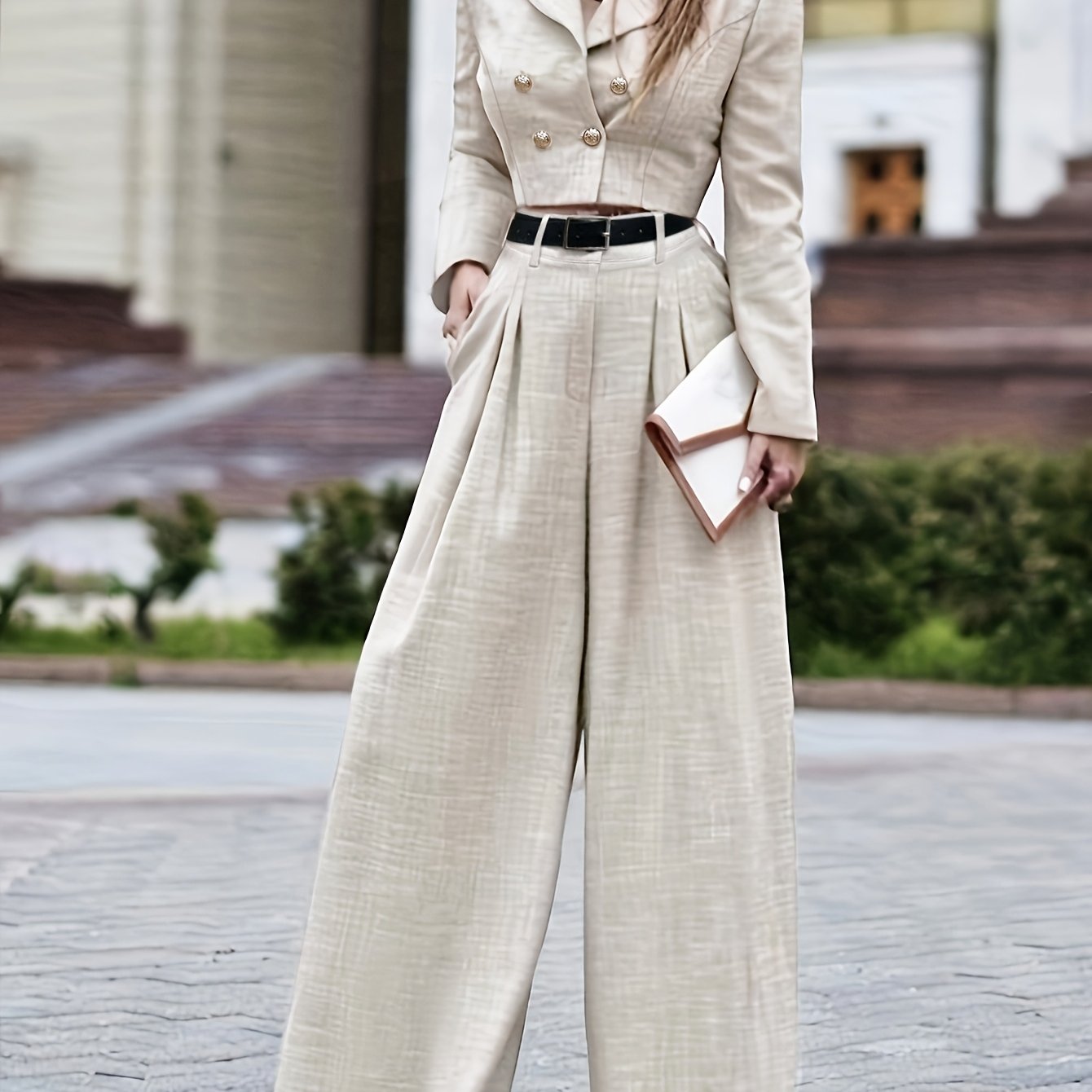 Elegant Two-Piece Long Sleeve Suit - Beige Polyester, Double-Breasted Blazer with Wide Lapels & High-Waisted Flared Pants, Stylish Accessory Bag, Perfect for Fall\u002FWinter, Stylish Workwear | Elegant Two-Tone Suit | Polyester Fabric
