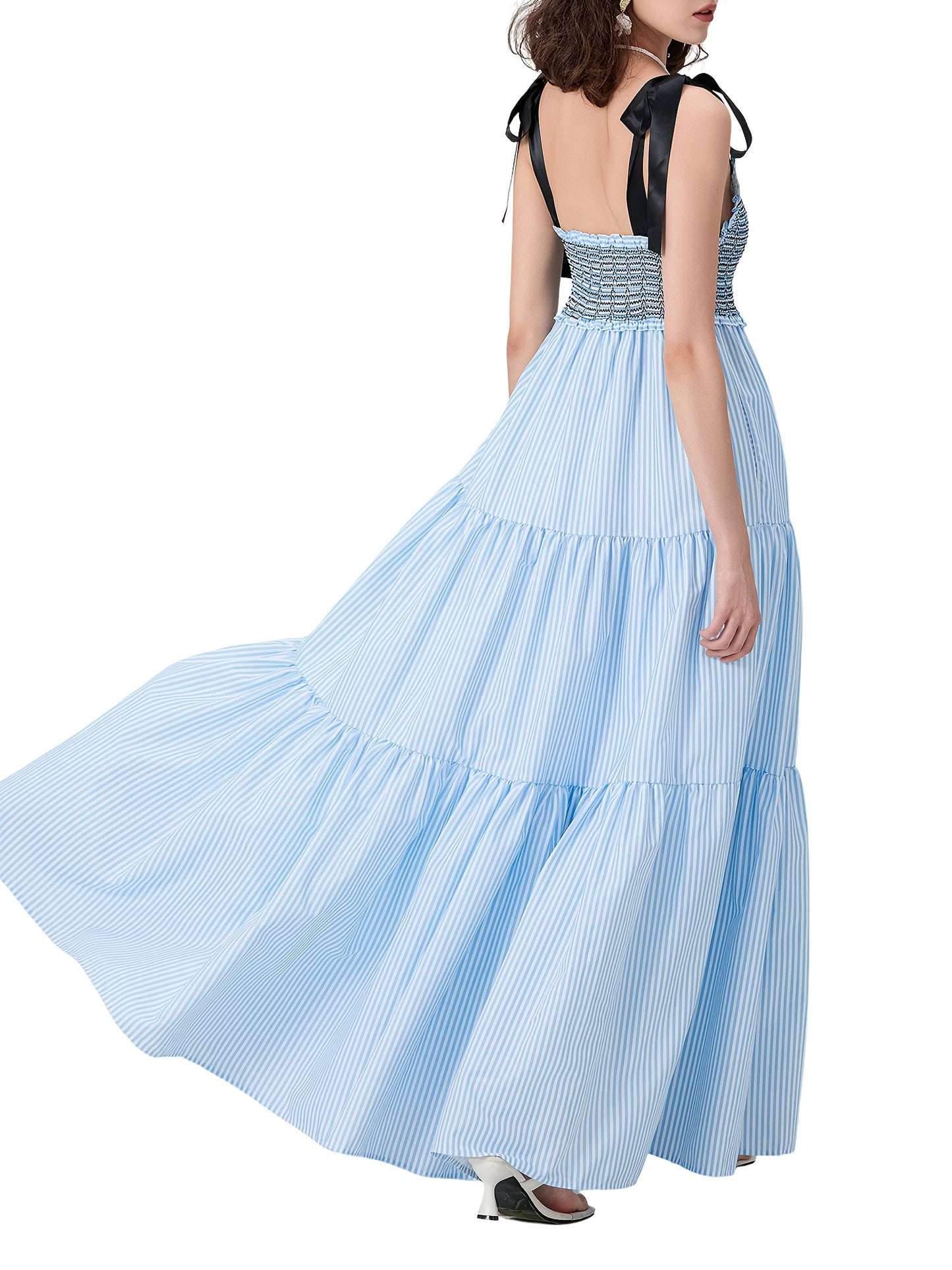 Women'S Sleeveless Ruffle Tiered Maxi Dress - Polyester and Spandex Blend with Striped Print, Spaghetti Strap, A-Line Skirt for Vacation, Spring\u002FSummer\u002FFall