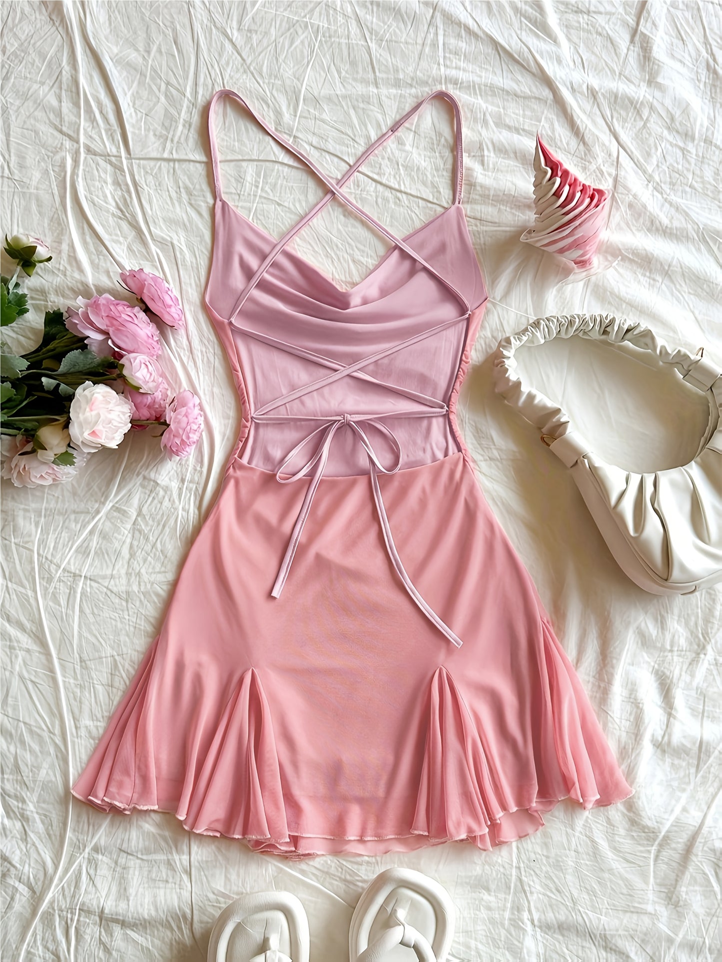 Women'S Pink Halter Neck Mini Dress with Ruched Detail - Sexy Backless Design, Sleeveless Bodycon Dress for Vacation or Casual Outings, Vacation Attire | Ruched Mini Dress | Sleeveless Fashion, Cute Dresses
