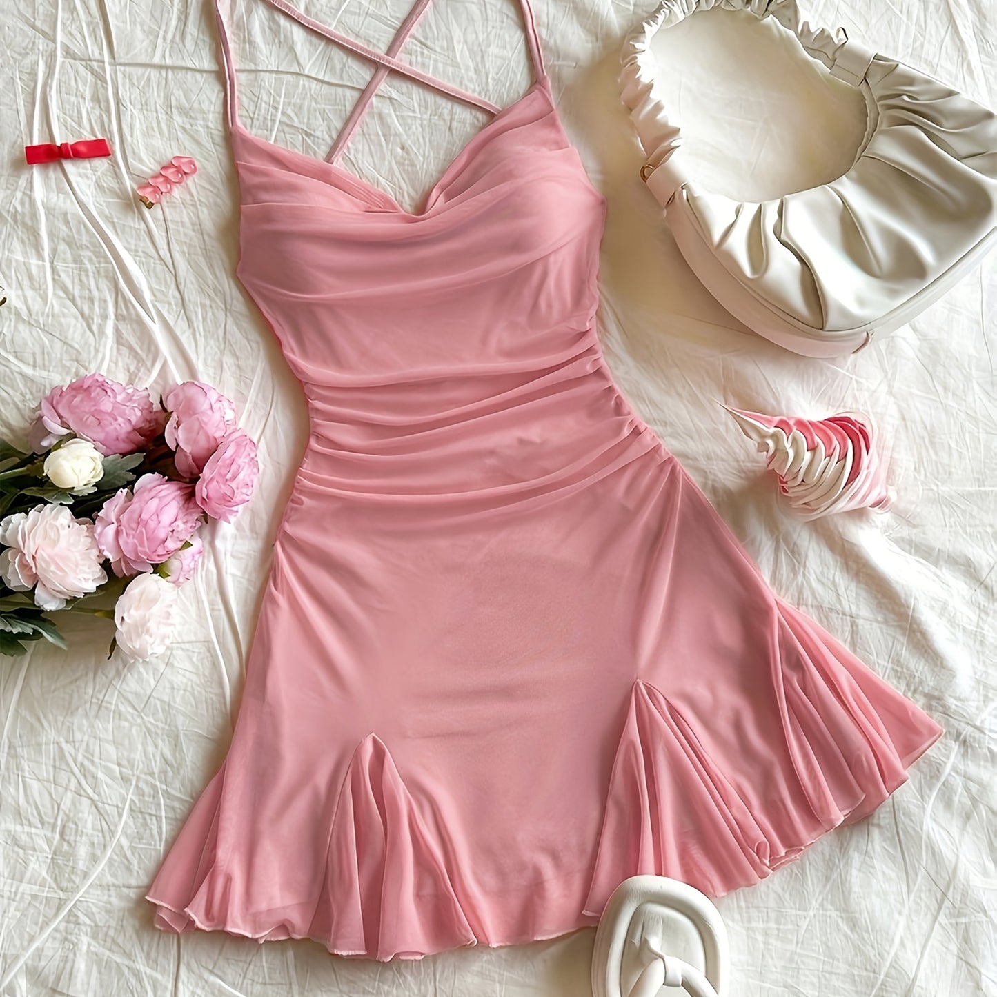Women'S Pink Halter Neck Mini Dress with Ruched Detail - Sexy Backless Design, Sleeveless Bodycon Dress for Vacation or Casual Outings, Vacation Attire | Ruched Mini Dress | Sleeveless Fashion, Cute Dresses