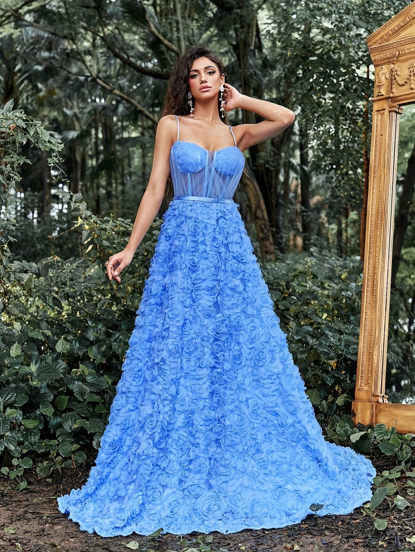 Elegant Blue Floral Maxi Dress with Spaghetti Straps and Lace Detailing - Sleeveless, V-Neck, Flowing Design for Women, Perfect for Weddings and Formal Events, Formal Event Dress | Sleeveless Gown | Lace Detailing, Floral Print Dress