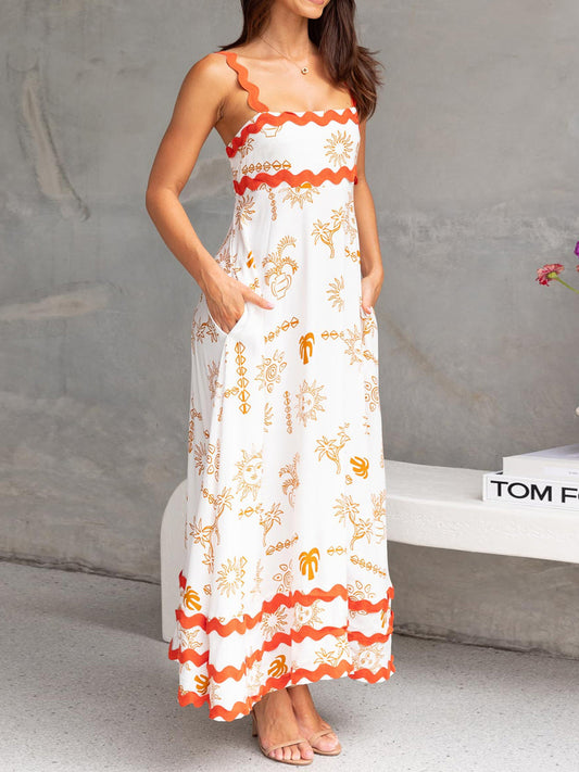 Women'S Casual Polyester Spandex Maxi Dress, Sleeveless Floral and Seafood Print Swing Dress, with Scalloped Hem, for Spring\u002FSummer - Woven Adult Skater Dress with Vest Collar
