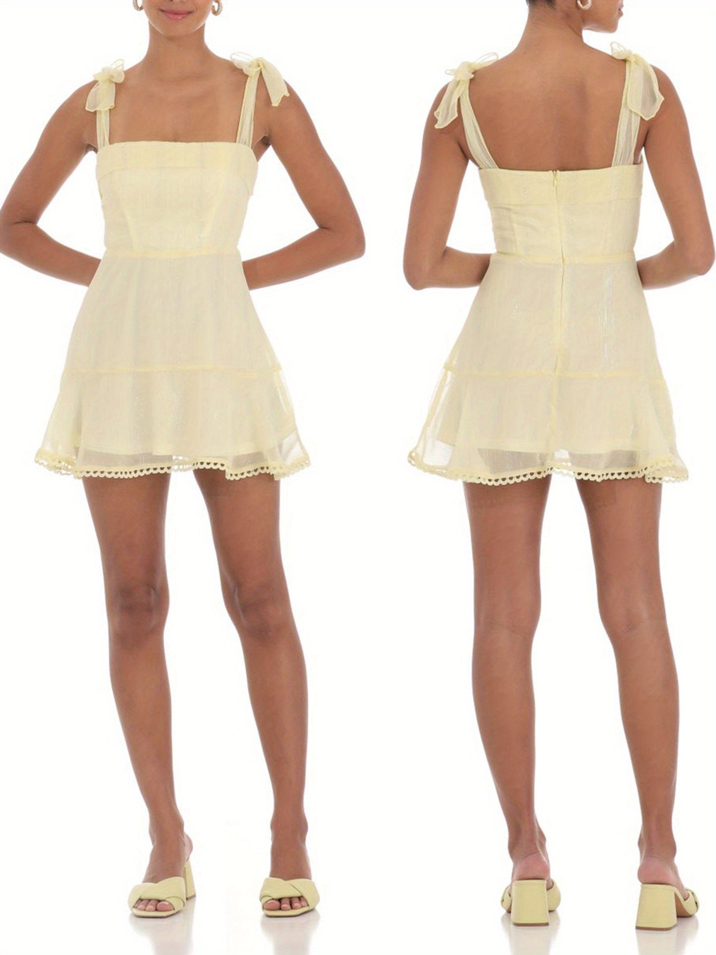 Women Summer Casual Dress Floral Print Tie-Up Shoulder Strap Mini Dress Fashion Double Layer Backless Cami Dress