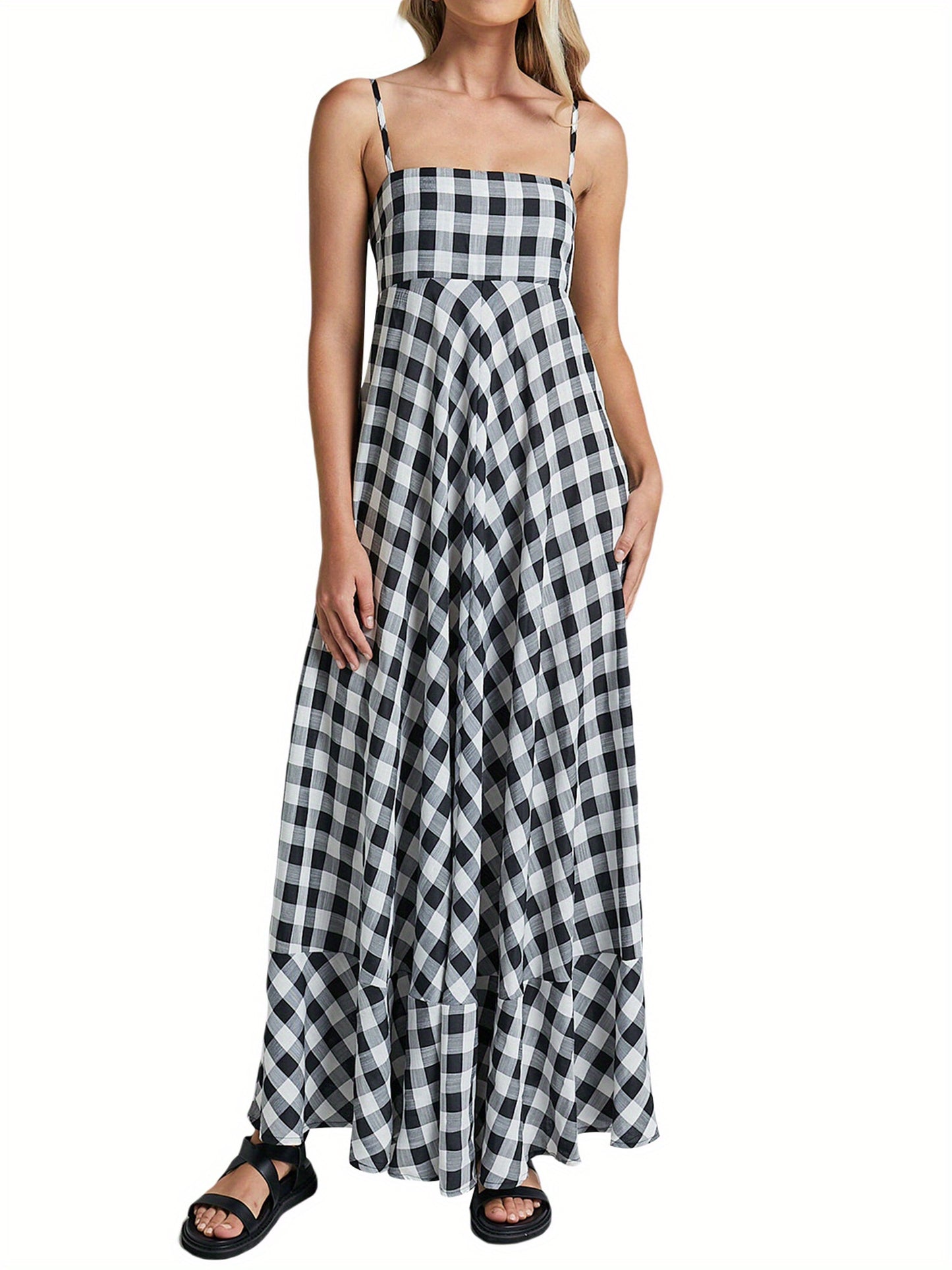1pc Boho Chic Women'S Summer Maxi Dress - Plaid A-Line Sundress with Off the Shoulder Spaghetti Straps, Casual Polyester Knit Fabric, Flowy Swing Dress for Adults