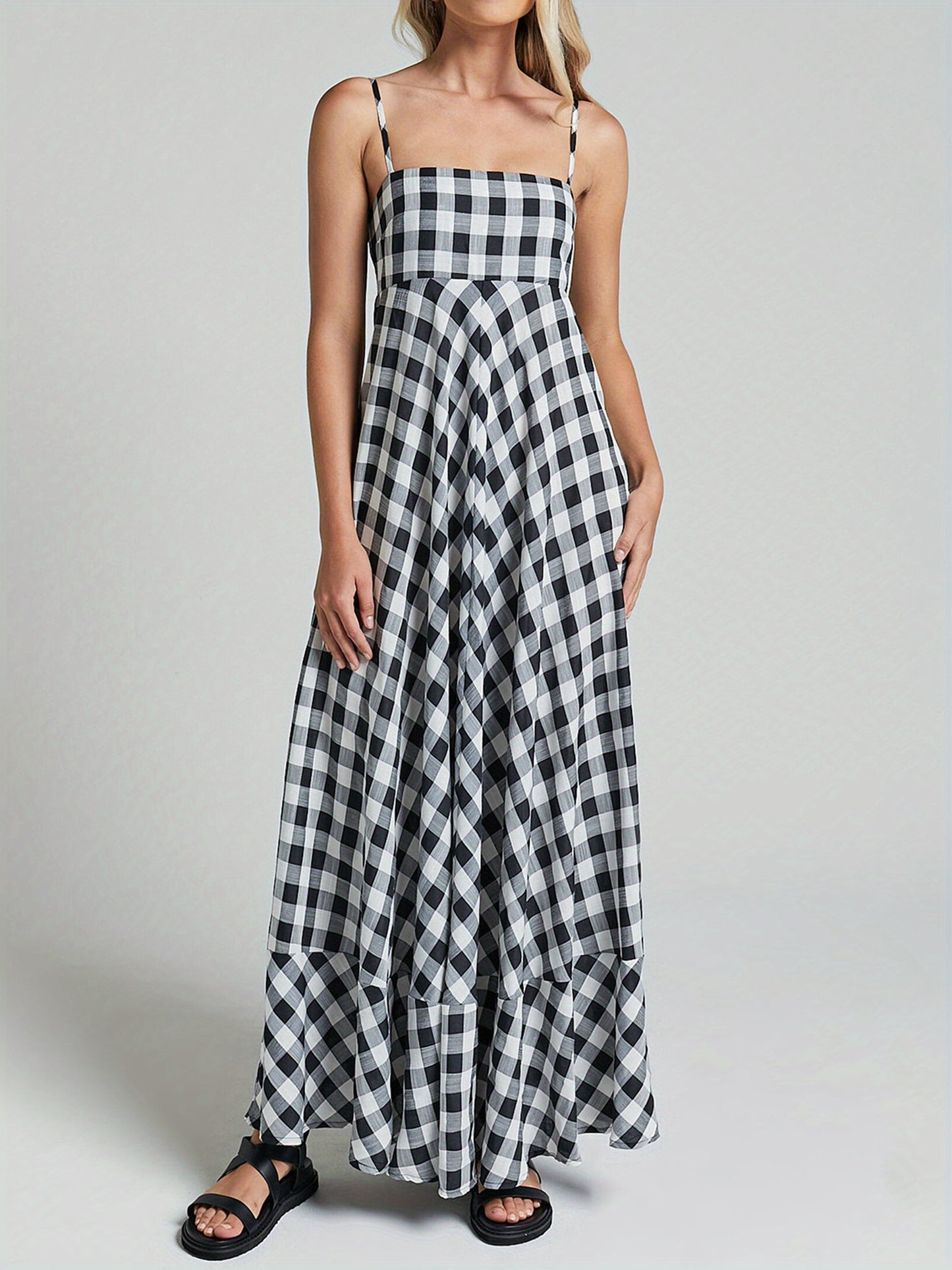 1pc Boho Chic Women'S Summer Maxi Dress - Plaid A-Line Sundress with Off the Shoulder Spaghetti Straps, Casual Polyester Knit Fabric, Flowy Swing Dress for Adults