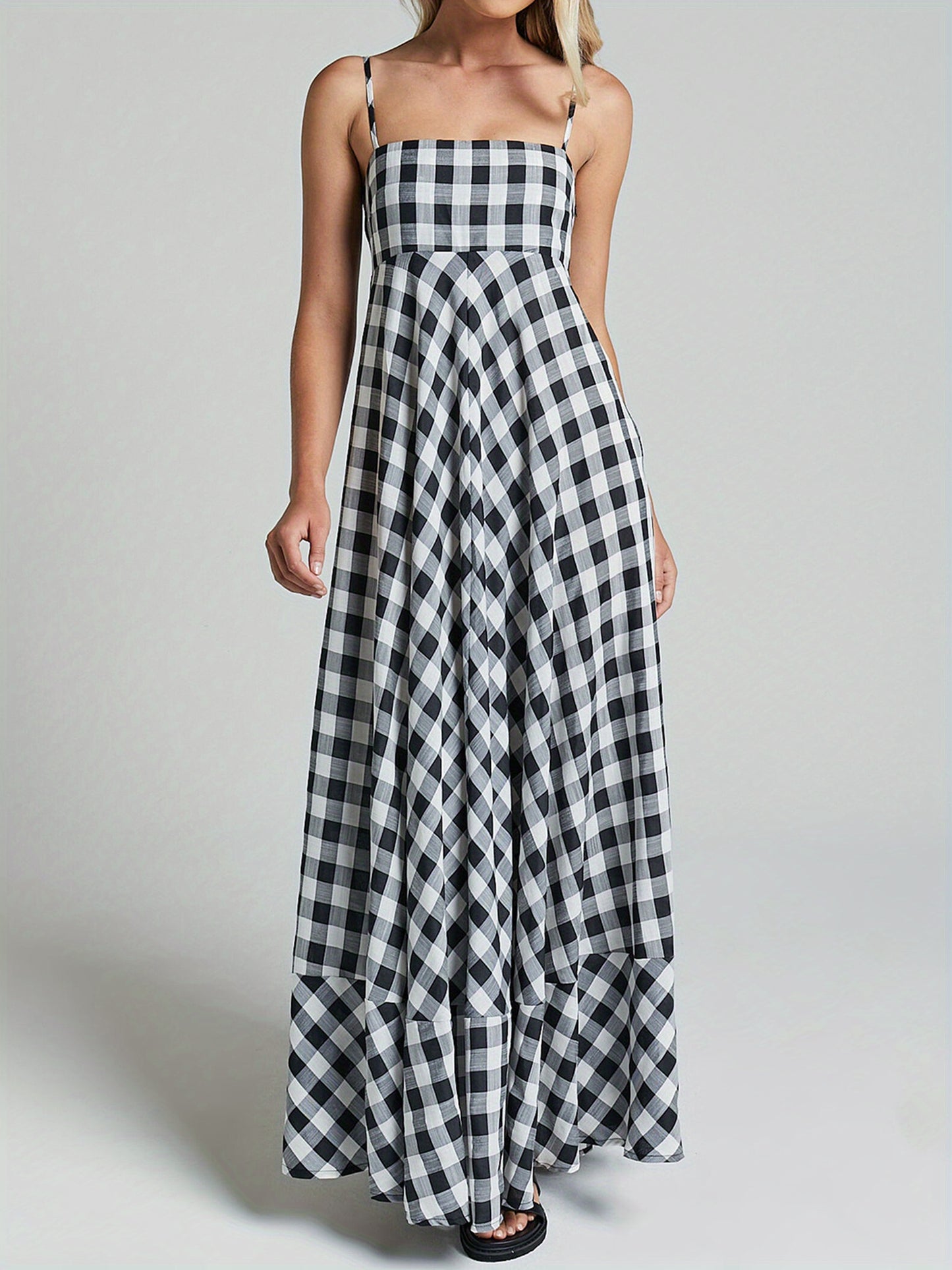 1pc Boho Chic Women'S Summer Maxi Dress - Plaid A-Line Sundress with Off the Shoulder Spaghetti Straps, Casual Polyester Knit Fabric, Flowy Swing Dress for Adults