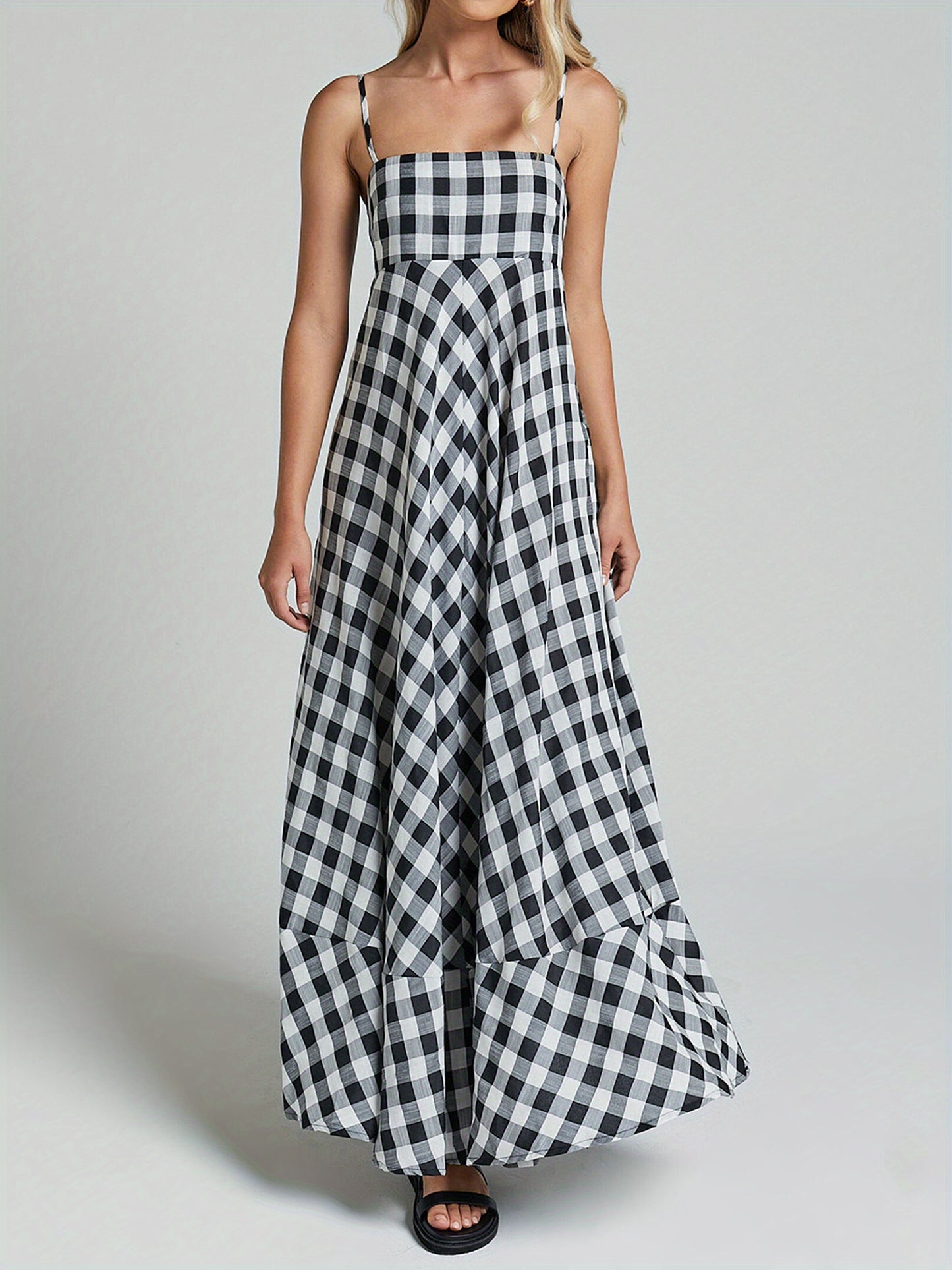1pc Boho Chic Women'S Summer Maxi Dress - Plaid A-Line Sundress with Off the Shoulder Spaghetti Straps, Casual Polyester Knit Fabric, Flowy Swing Dress for Adults