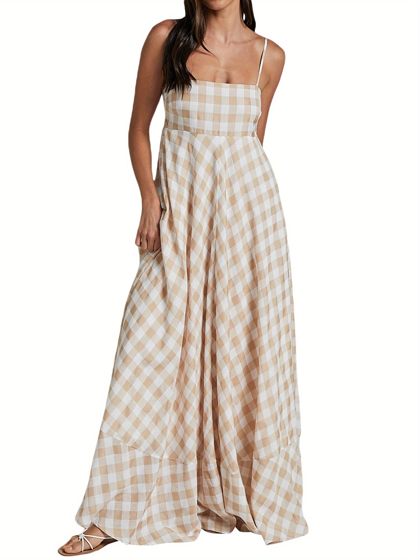 1pc Boho Chic Women'S Summer Maxi Dress - Plaid A-Line Sundress with Off the Shoulder Spaghetti Straps, Casual Polyester Knit Fabric, Flowy Swing Dress for Adults