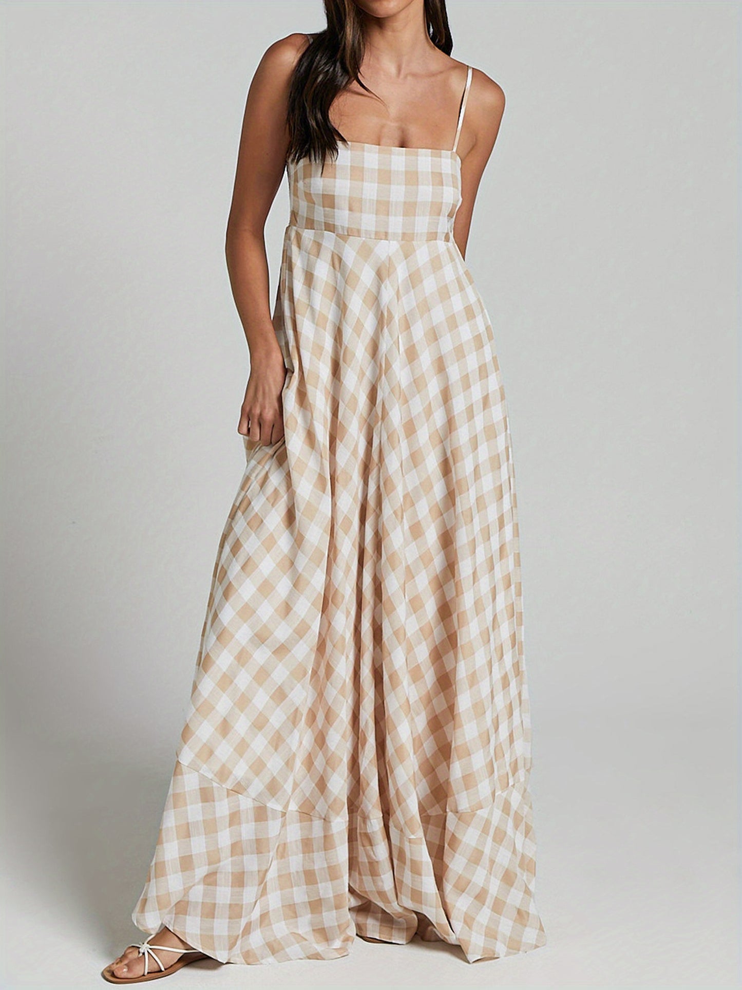 1pc Boho Chic Women'S Summer Maxi Dress - Plaid A-Line Sundress with Off the Shoulder Spaghetti Straps, Casual Polyester Knit Fabric, Flowy Swing Dress for Adults