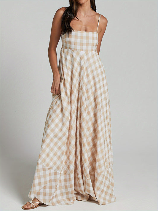1pc Boho Chic Women'S Summer Maxi Dress - Plaid A-Line Sundress with Off the Shoulder Spaghetti Straps, Casual Polyester Knit Fabric, Flowy Swing Dress for Adults