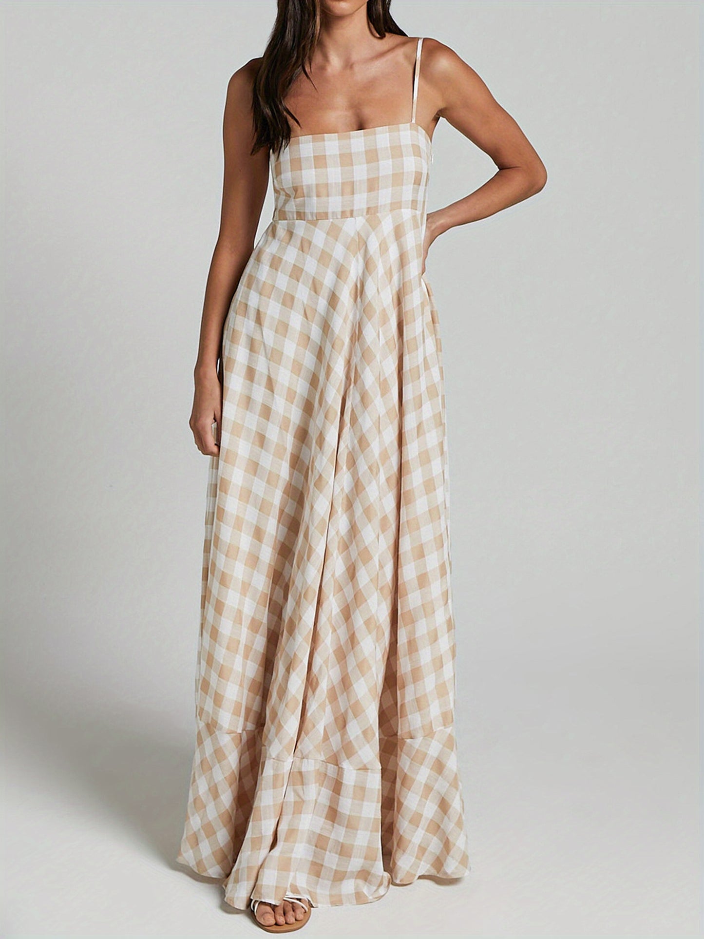 1pc Boho Chic Women'S Summer Maxi Dress - Plaid A-Line Sundress with Off the Shoulder Spaghetti Straps, Casual Polyester Knit Fabric, Flowy Swing Dress for Adults