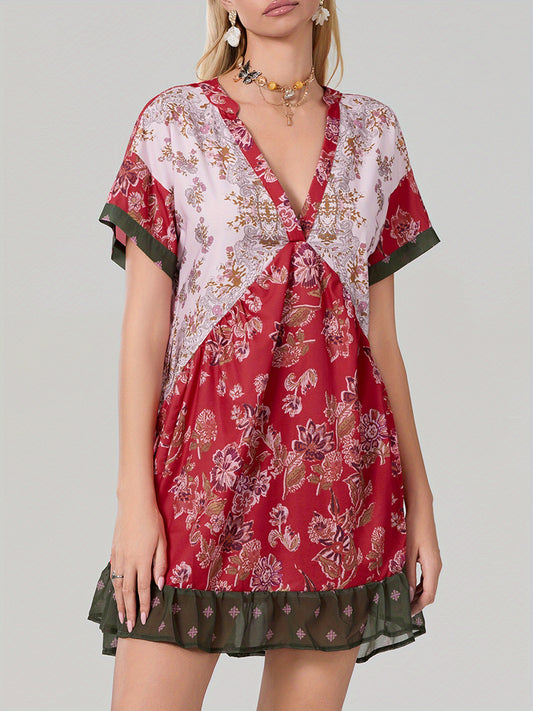 Women'S Bohemian Floral Print V-Neck Short Sleeve Dress with Pockets - Flowy A-Line Mini Dress in Red, Beige & Blue, Perfect for Summer & Casual Outings, Bohemian Dress