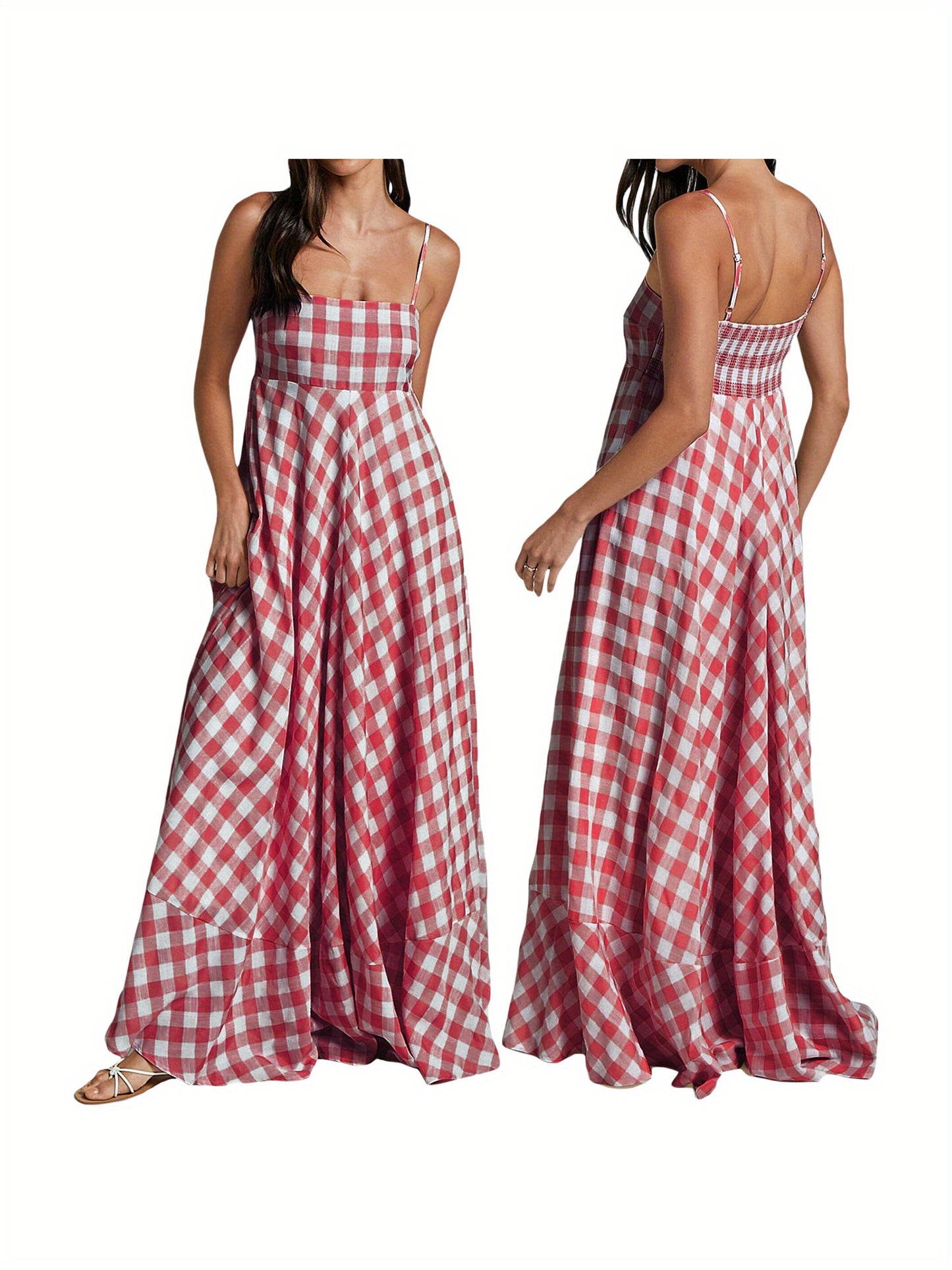1pc Boho Chic Women'S Summer Maxi Dress - Plaid A-Line Sundress with Off the Shoulder Spaghetti Straps, Casual Polyester Knit Fabric, Flowy Swing Dress for Adults